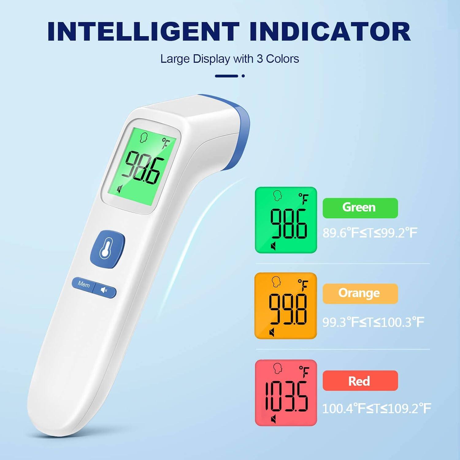 INTELLIGENT INDICATOR  
Large Display with 3 Colors

Green  
98.6°F to 99.2°F

Orange  
99.3°F to 100.3°F

Red  
100.4°F to 109.2°F