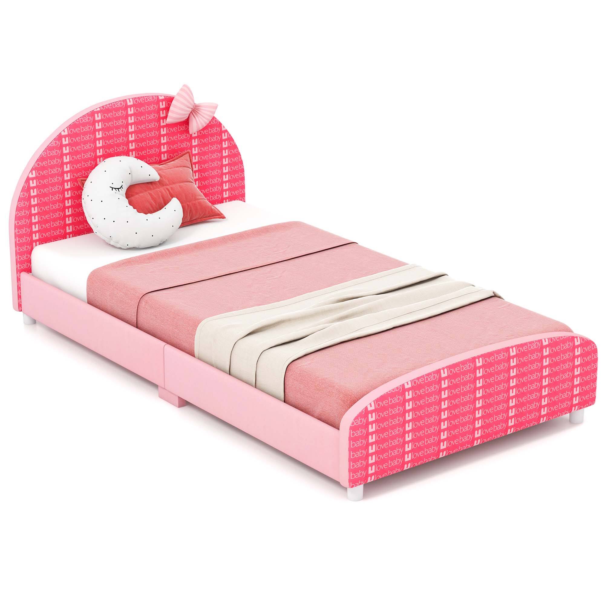 Costway - Children Twin Size Upholstered Platform Single Bed with Headboard & Footboard - Pink