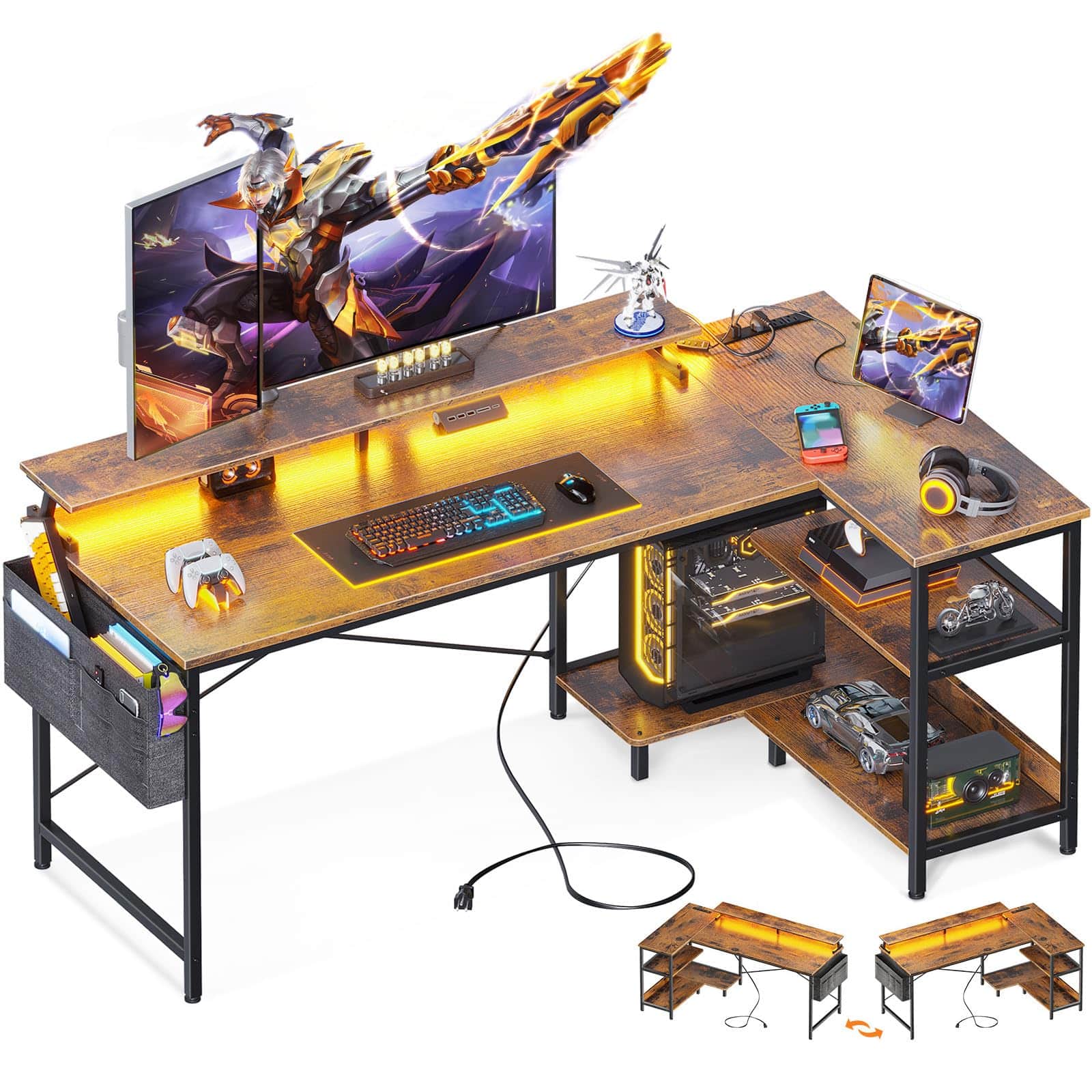 Fabibe - 58 Inch Gaming Desk With Usb Charging Ports And Led Lights Reversible L Shaped Computer Storage Shelves & Monitor Office - Rustic Brown 58 Inch