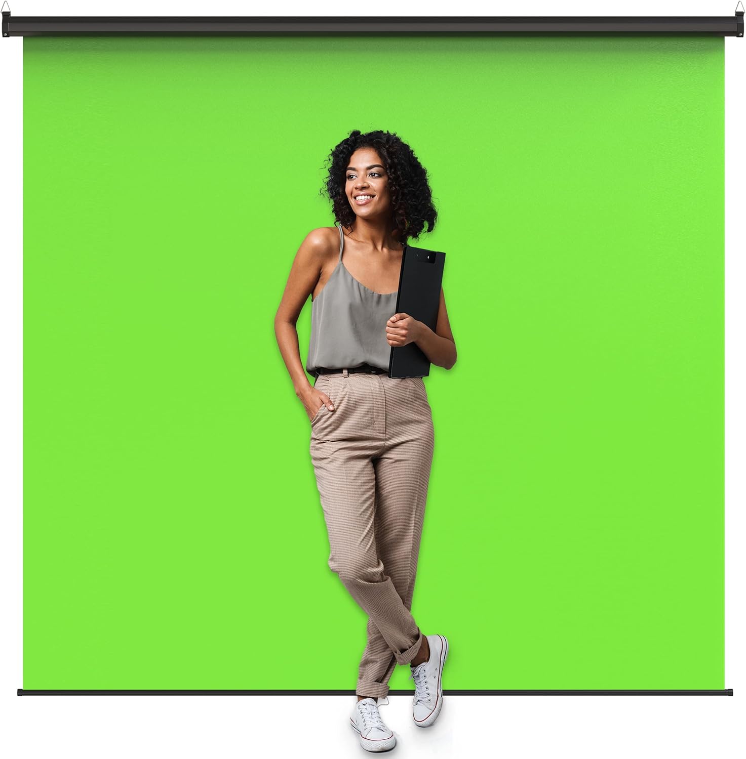 Front. KHOMO GEAR - Green Screen 84 x 84 in – XL Pull-Down Backdrop with Black Case for Streaming & Photo/Video Use.