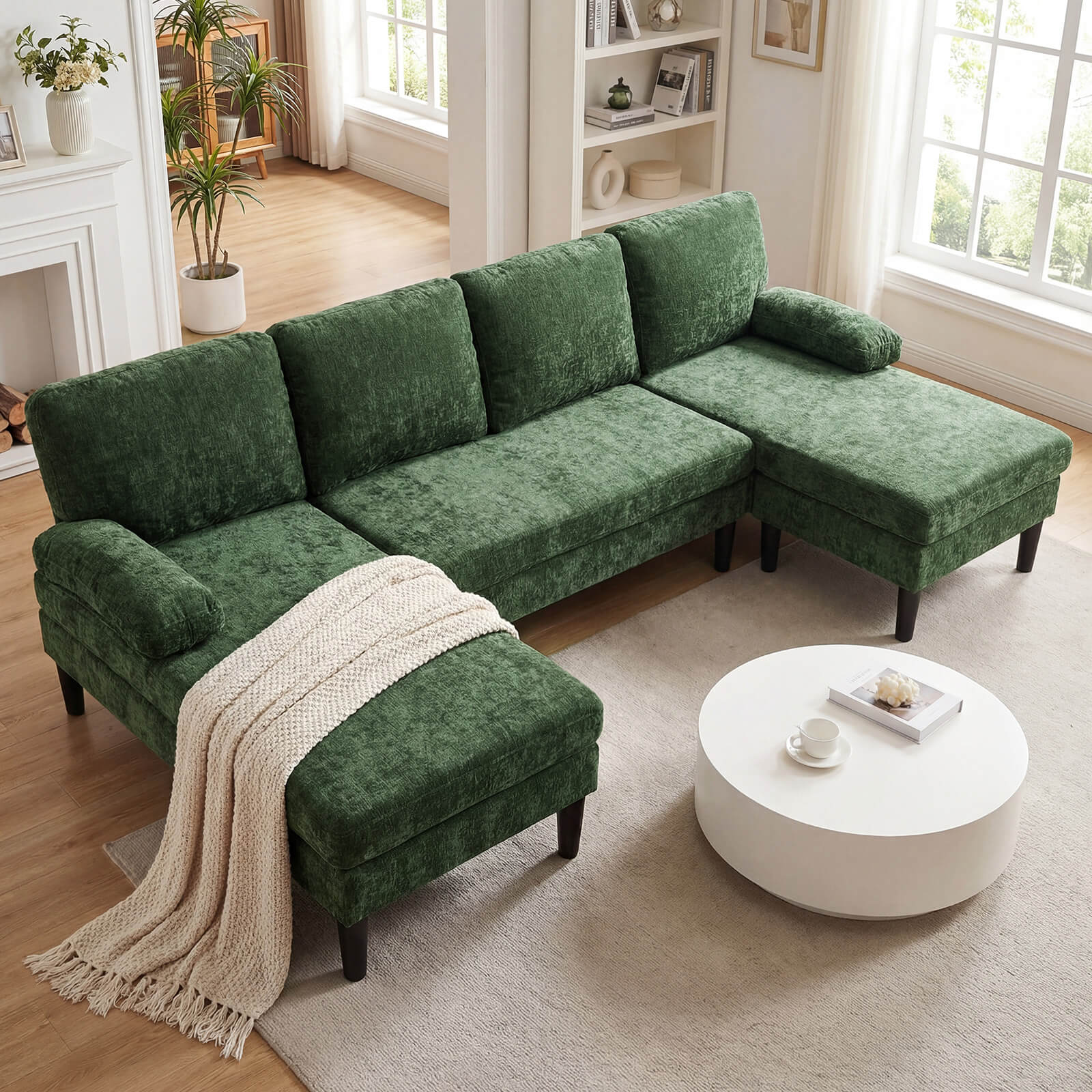 Alt View 1. Costway - Costway Sectional Couch, Chenille Upholstered Sofa Couch with Double Chaise for Home Office - Green.