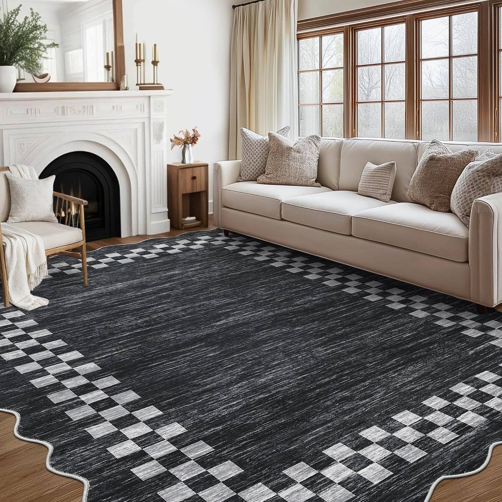 Homhougo 6x9 Scalloped Geometric Checkered Area Rug, Washable, Stain ...