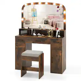 Costway - Vanity Desk Makeup Table with with Stool Large Mirror 3-Color Lights for Bedroom - Rustic Brown