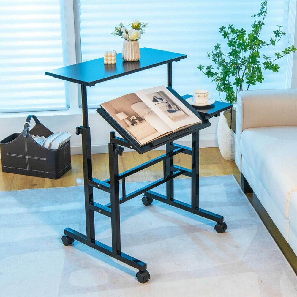 Back. Pefilos - Mobile Stand up Computer Desk with 2 Tilting Desktops-Black, Office Furniture, Portable Desk for Home & Office - Black.