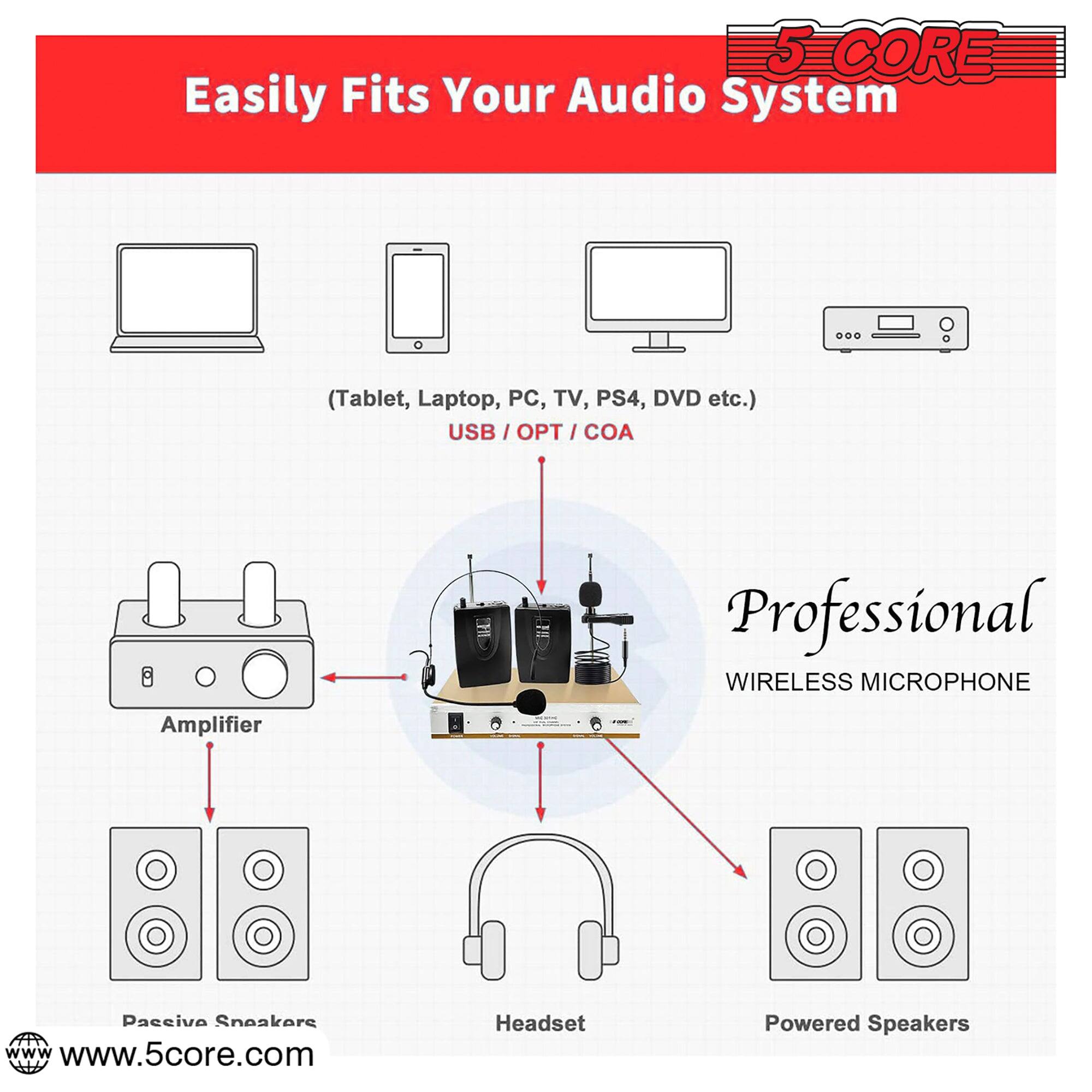5 CORE Easily Fits Your Audio System (Tablet, Laptop, PC, TV, PS4, DVD etc.) USB / OPT / COA Professional WIRELESS MICROPHONE Amplifier Passive Speakers Headset Powered Speakers www.5core.com