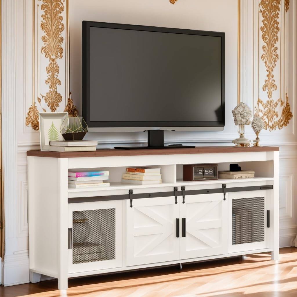 Alt View 4. Jojoka - Modern Farmhouse TV Stand for TV Up to 65 Inch TV,31" Tall TV Console Media Cabinet with Opem Shelf&Sliding Barn Door - White.