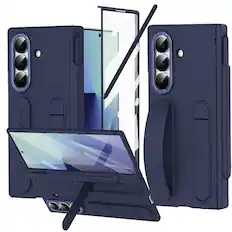 Front. Dteck - Full-Body Stand Case for Samsung Galaxy Z Fold7 with Pen Holder,Matte PC Hinge Cover Bulit-in Tempered Glass Film - Blue.