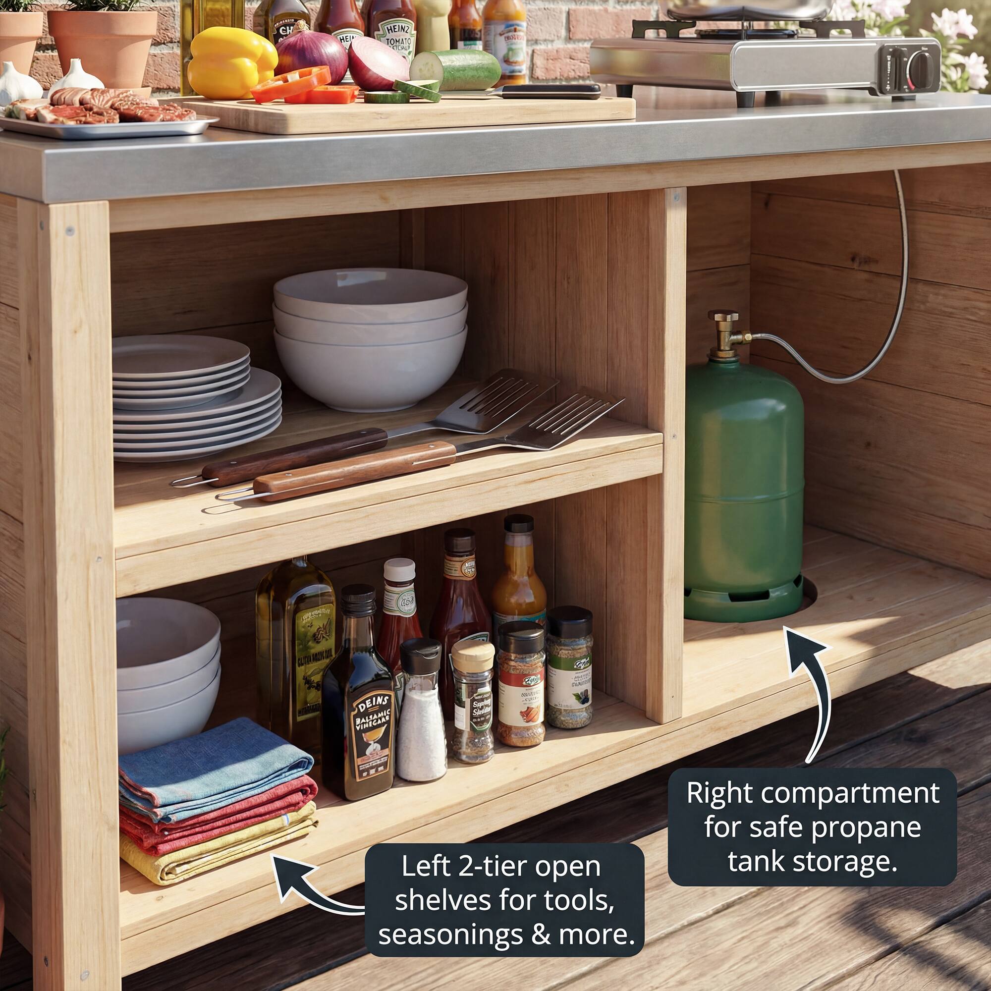 Left 2-tier open shelves for tools, seasonings & more.  
Right compartment for safe propane tank storage.