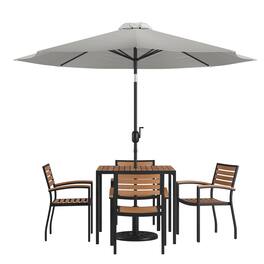 Emma + Oliver - 7 Piece Patio Table Set - 4 Synthetic Faux Teak Stackable Chairs - Faux Teak Table - Umbrella with Base - Gray