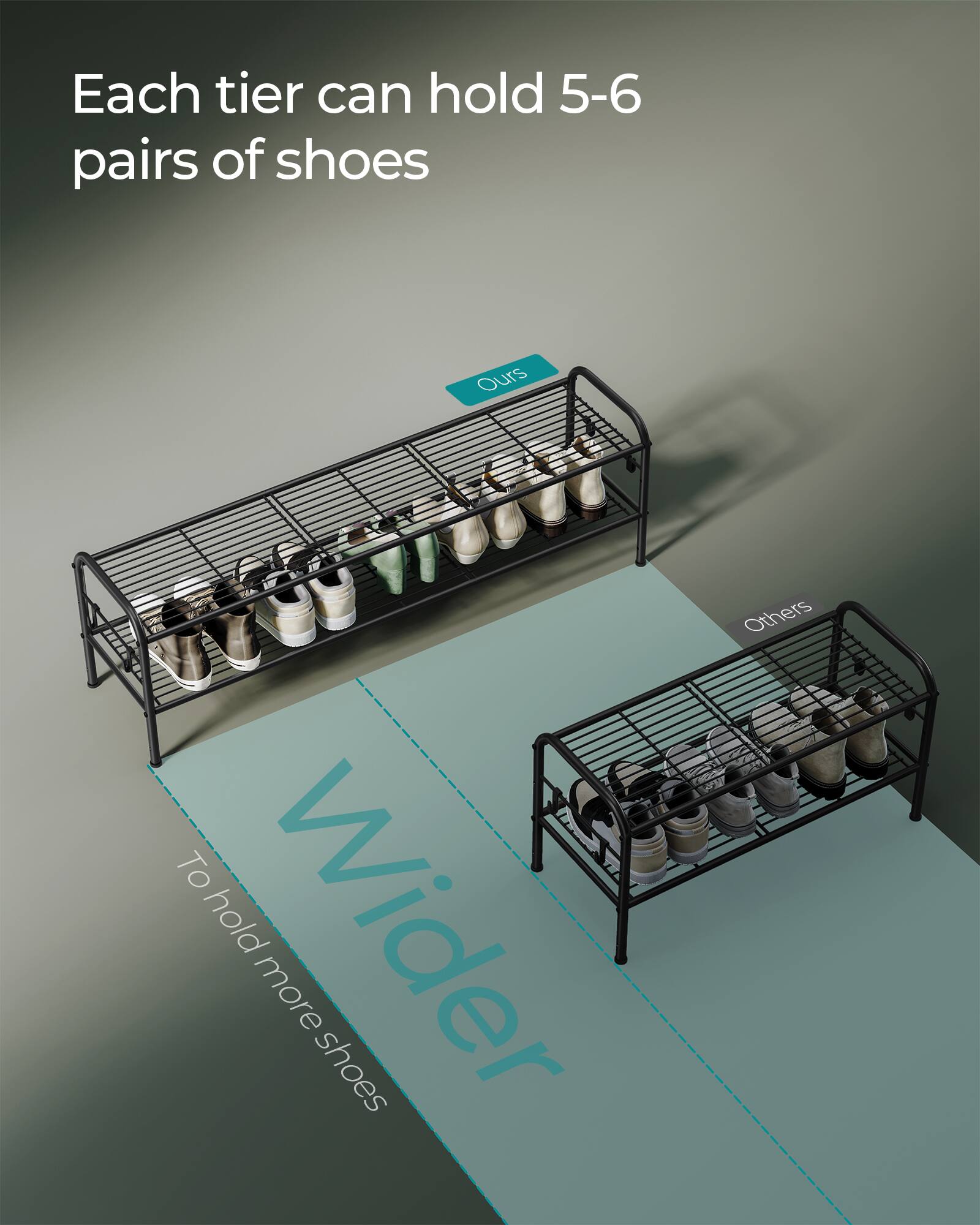 Each tier can hold 5-6 pairs of shoes.

Ours: Wider to hold more shoes.

Others