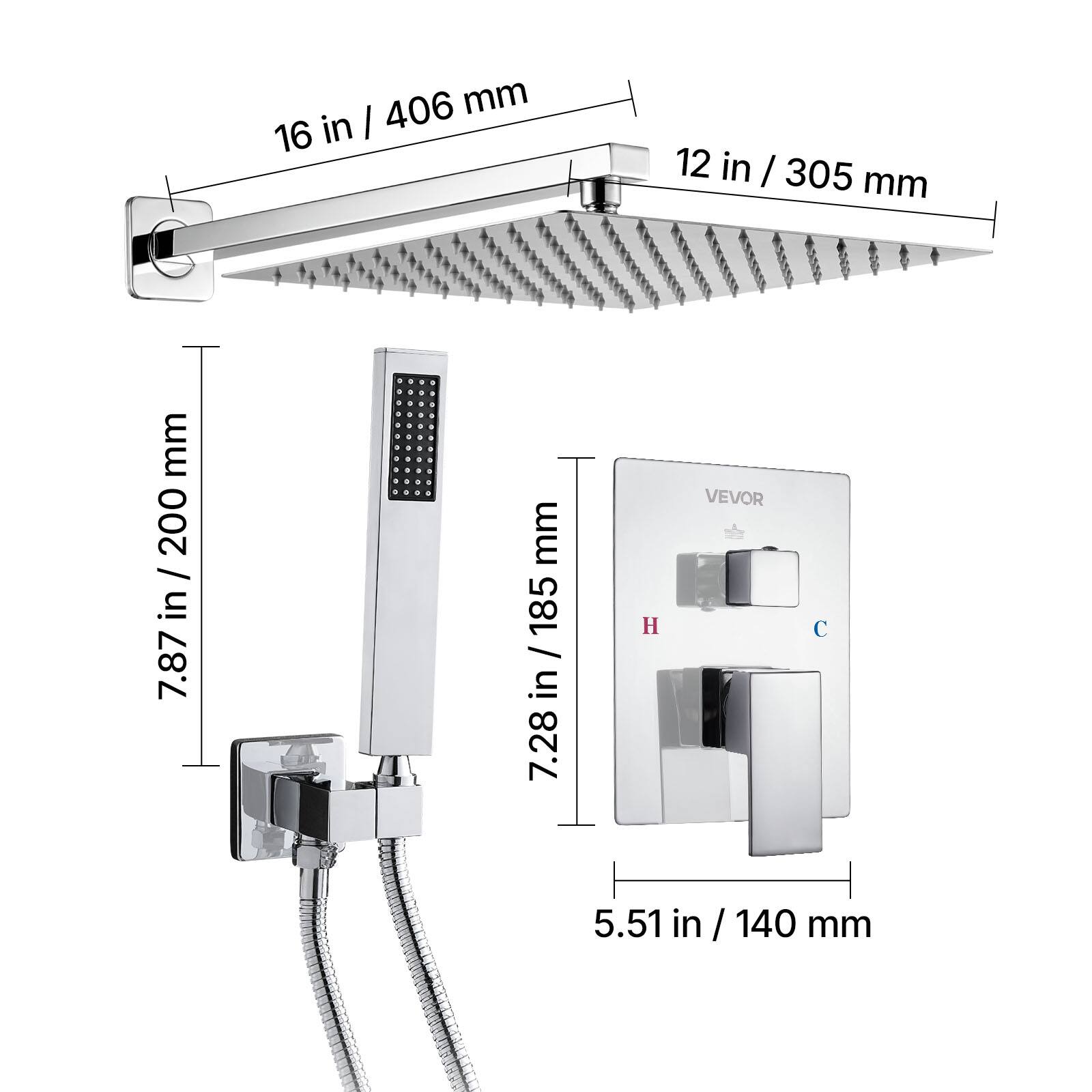 16 in / 406 mm, 12 in / 305 mm, 7.87 in / 200 mm, 7.28 in / 185 mm, 5.51 in / 140 mm, H, C, VEVOR