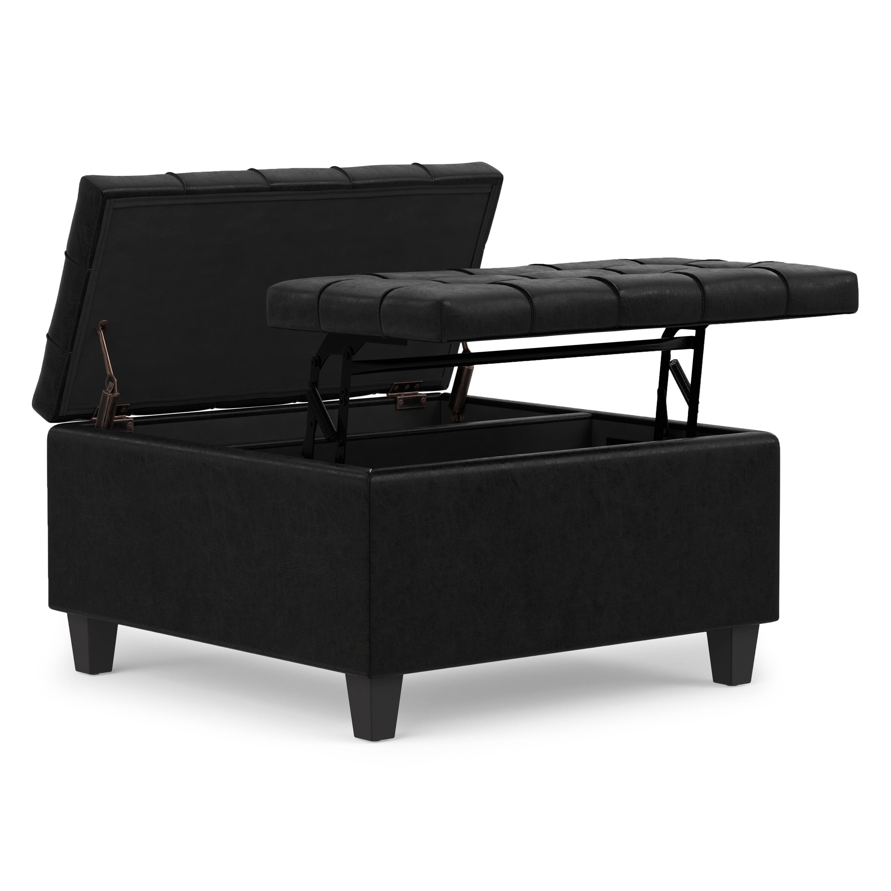 Front. Simpli Home - Harrison 30 inch Wide Small Square Coffee Table Storage Ottoman in Distressed Black Vegan Leather - Distressed Black.