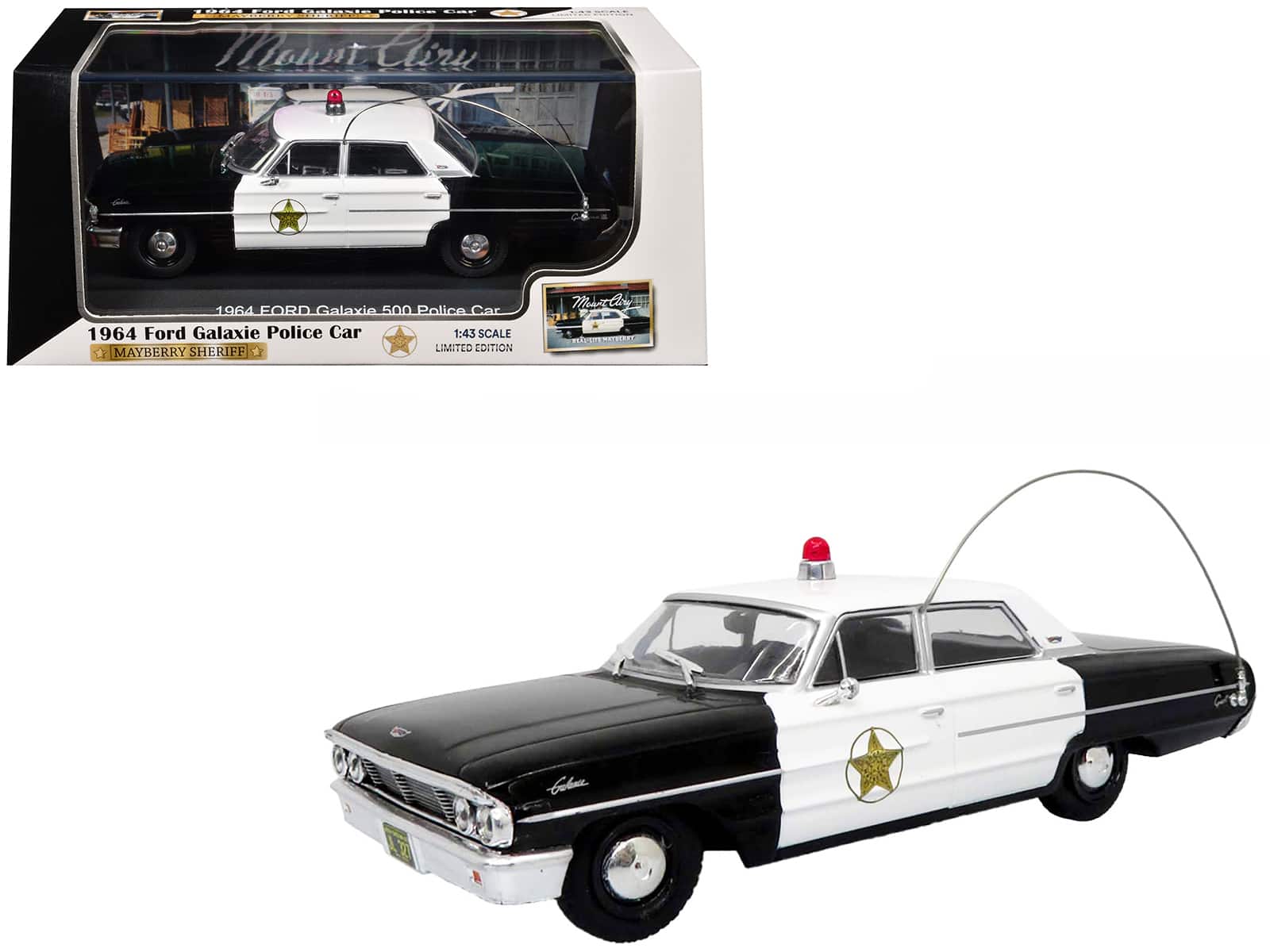 "1964 Ford Galaxie 500 Police Car ""Mount Airy Mayberry Sheriff"" Black and White 1/43 Diecast Model by Iconic Replicas" price history on PriceWatchPro