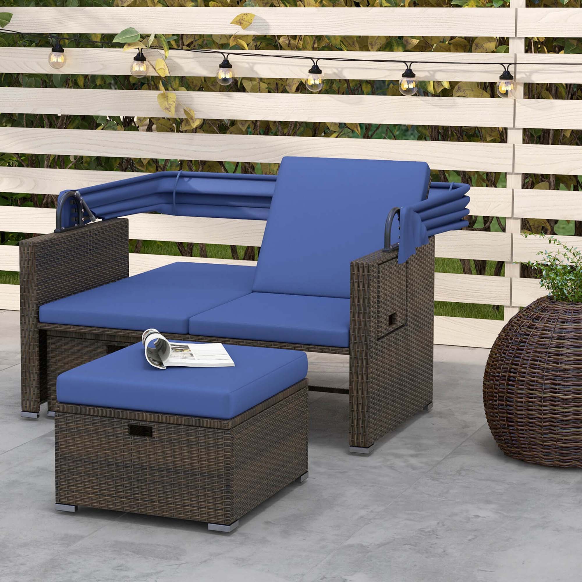 Alt View 3. Costway - Outdoor Patio Rattan Daybed with Retractable Canopy & Adjustable Backrests - Blue.