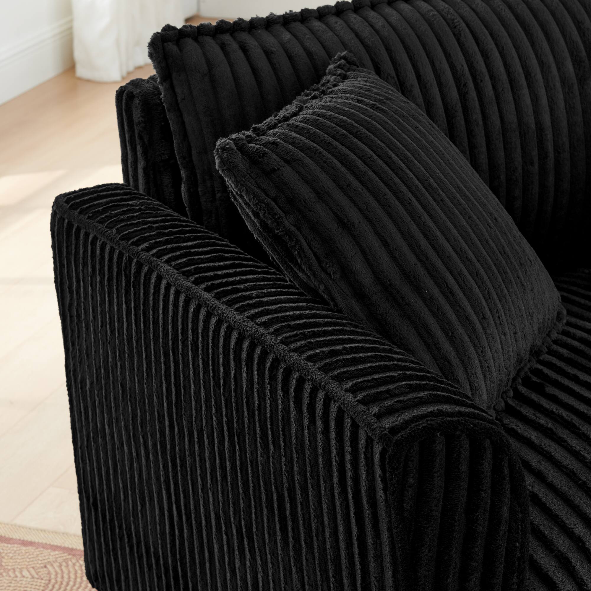 Back. Trinkets Crazed - Wide Accent Armchair with Pillows,Corduroy Oversized Single Sofa, Chair and a Half with Wide Armrest for Living Room - Black.