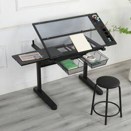 GOODSILO - Hand Crank Adjustable Drafting Table with Tilting Glass Top and Side Extension Panel for Artists and Designers - Black
