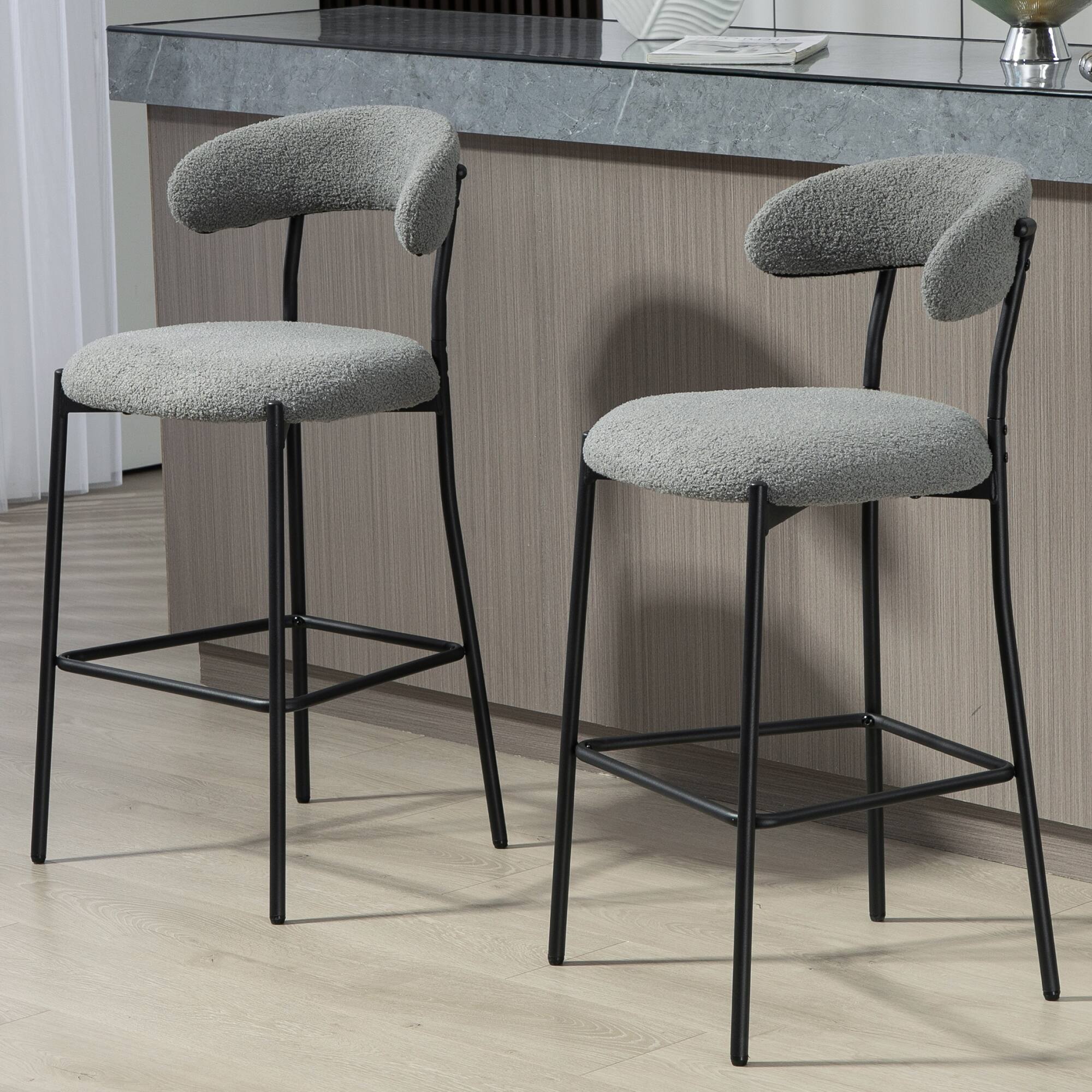 Alt View 4. GOODSILO - 26"" Counter Height Bar Stool - Teddy Fabric Kitchen Island Stool with Black Base - Grey.