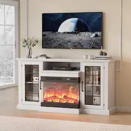Qeetex - 59" TV Stand with 24" 3-Sided Glass Fireplace, 12 LED Flame Colors, 750/1500W, Storage for 65" TV