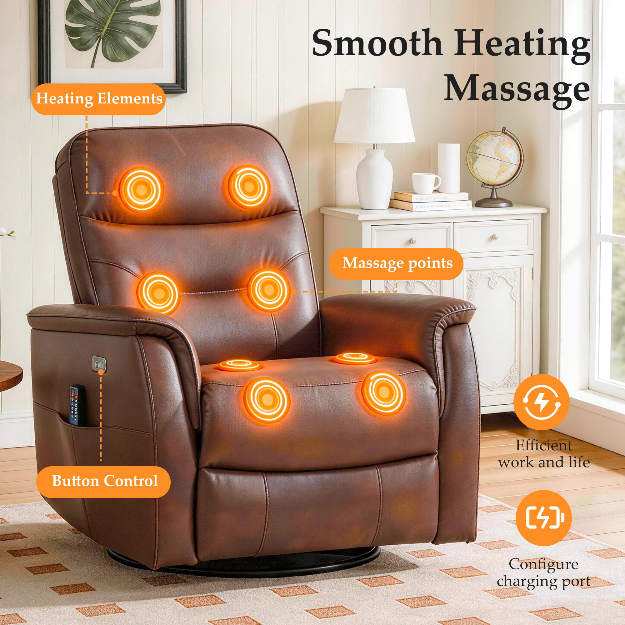 Heating Elements Smooth Heating Massage  
Massage points  
Button Control  
Efficient work and life  
Configure charging port