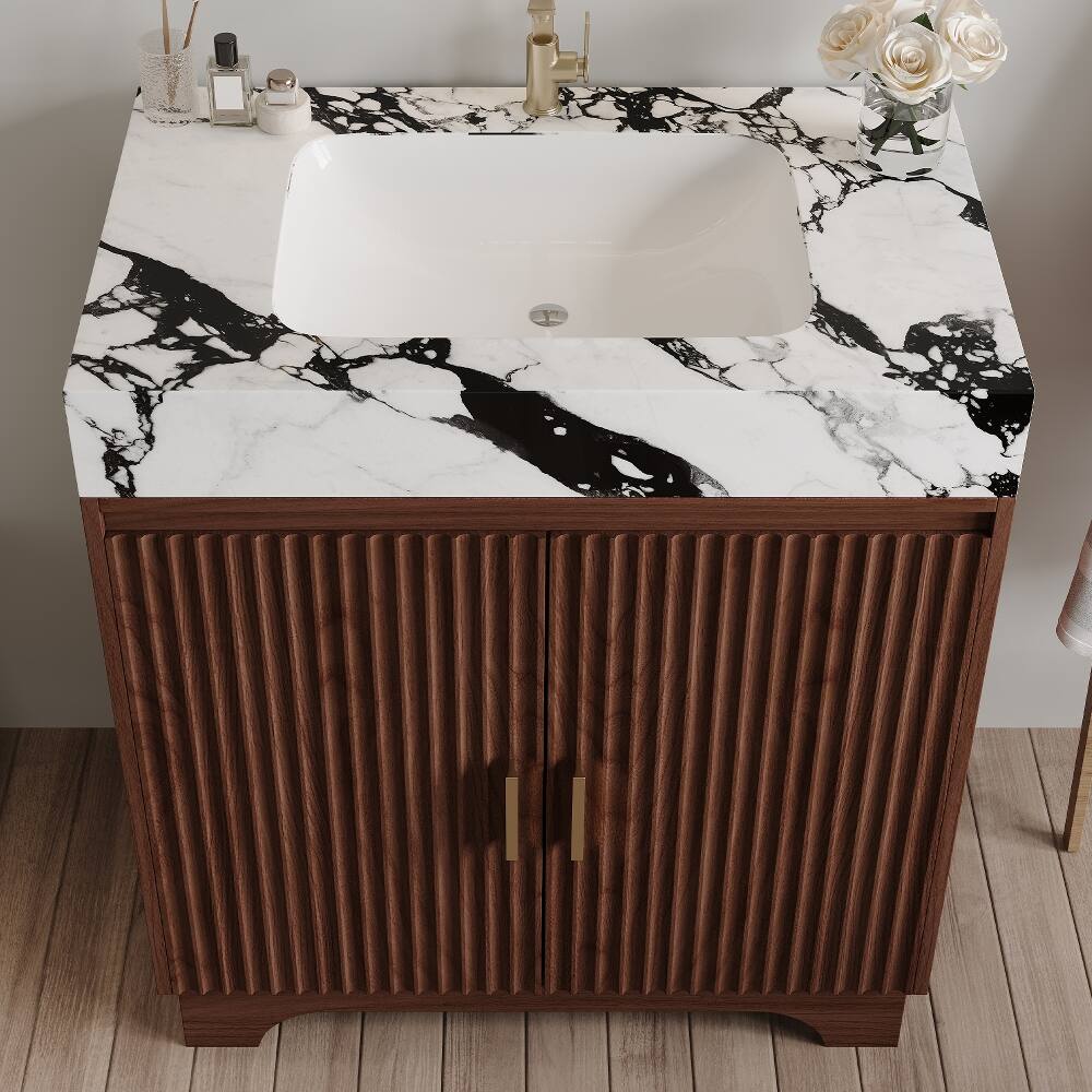 Back. Loheer - Loheer 30 inch freestanding bathroom vanity Walnut Plywood Cabinet Sintered Stone Top - Walnut, White.