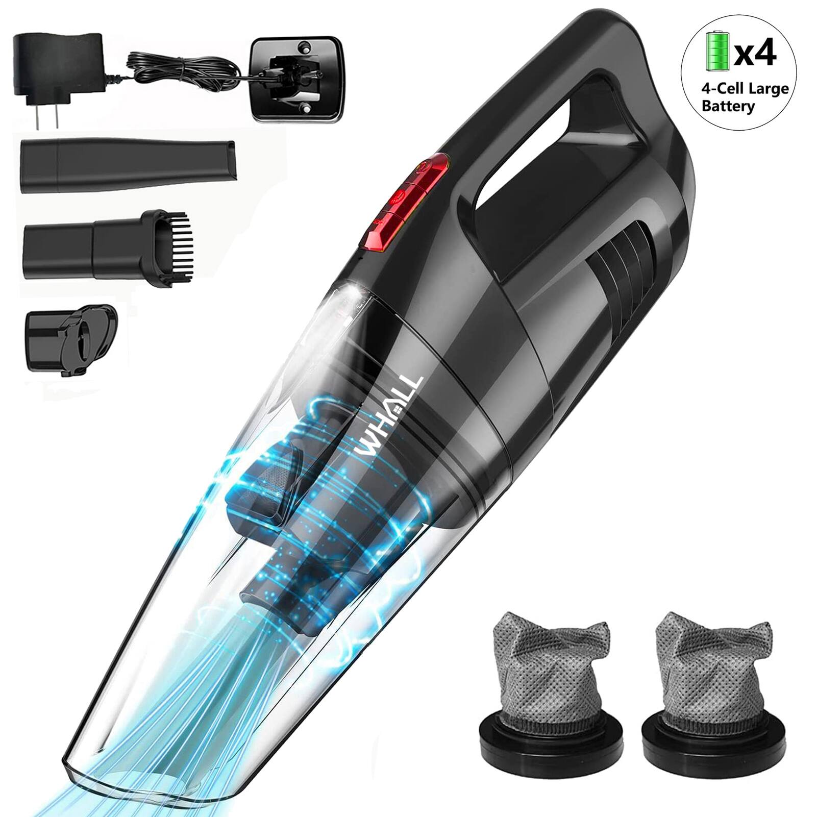 WHALL - Handheld Vacuum Cleaner, 8500PA Suction, Wet Dry Vacuum Cleaner Cordless with LED Light - Black