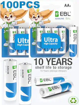 100PCS AA4 EBL 10 YEARS ALKALINE SHELF LIFE B ALKALINE ALKA 3 ALKA: toL Ultr High Capa | ALKALINE . - . ALKA ALKA ALKALINE COL Ultra EBL High Capacity LIVE RIGHT MES ALKALINE LMD EBL AA 1.5V LR6 ALKALINE EBL AA 1.5V LR6 ALKALINE 10 YEARS shelf life to storage 10 Years (storage lifespan) EBL EBL ALKALINE EBL ALKALINE 46945