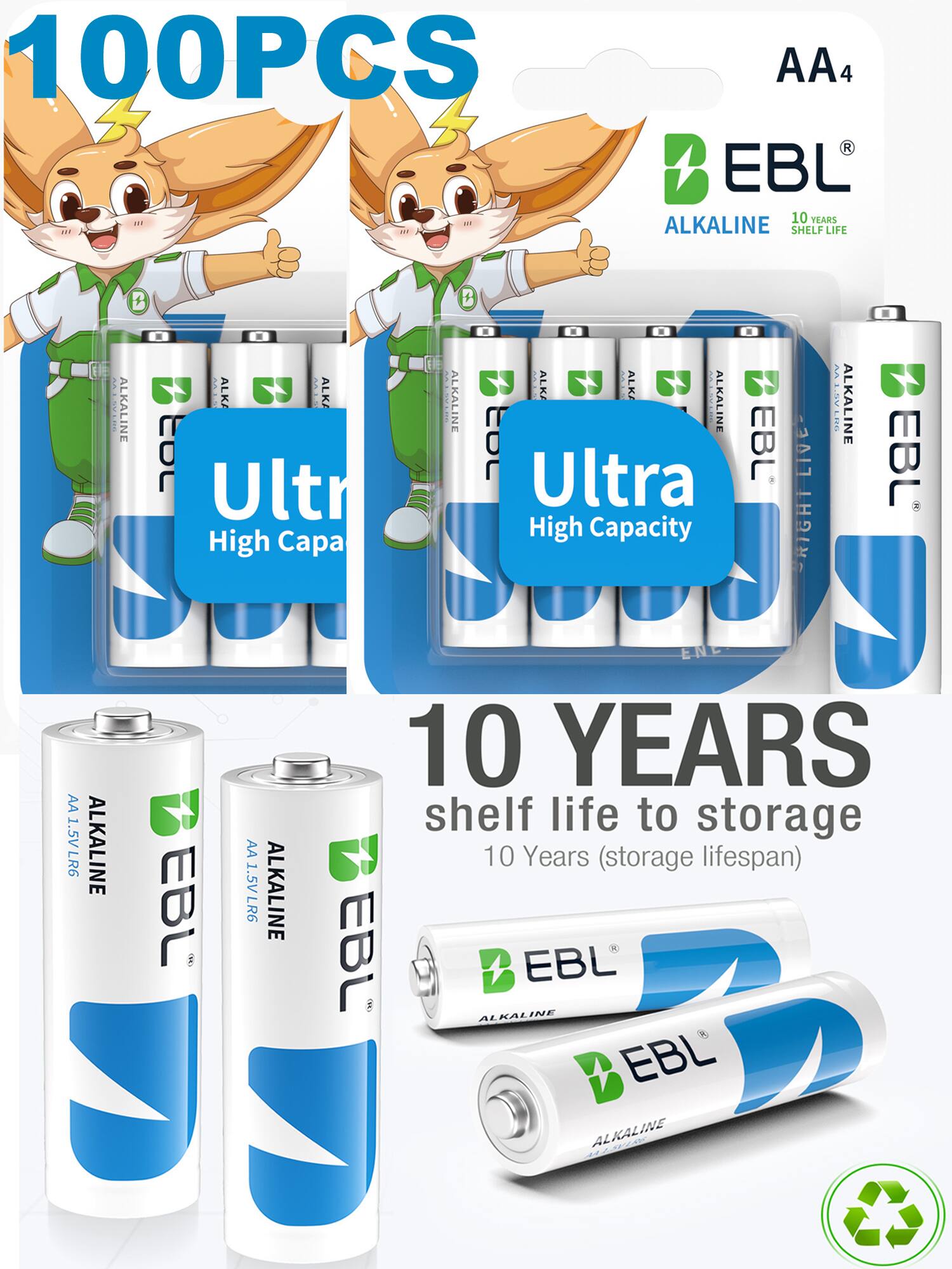 100PCS AA4 EBL 10 YEARS ALKALINE SHELF LIFE B ALKALINE ALKA 3 ALKA: toL Ultr High Capa | ALKALINE . - . ALKA ALKA ALKALINE COL Ultra EBL High Capacity LIVE RIGHT MES ALKALINE LMD EBL AA 1.5V LR6 ALKALINE EBL AA 1.5V LR6 ALKALINE 10 YEARS shelf life to storage 10 Years (storage lifespan) EBL EBL ALKALINE EBL ALKALINE 46945