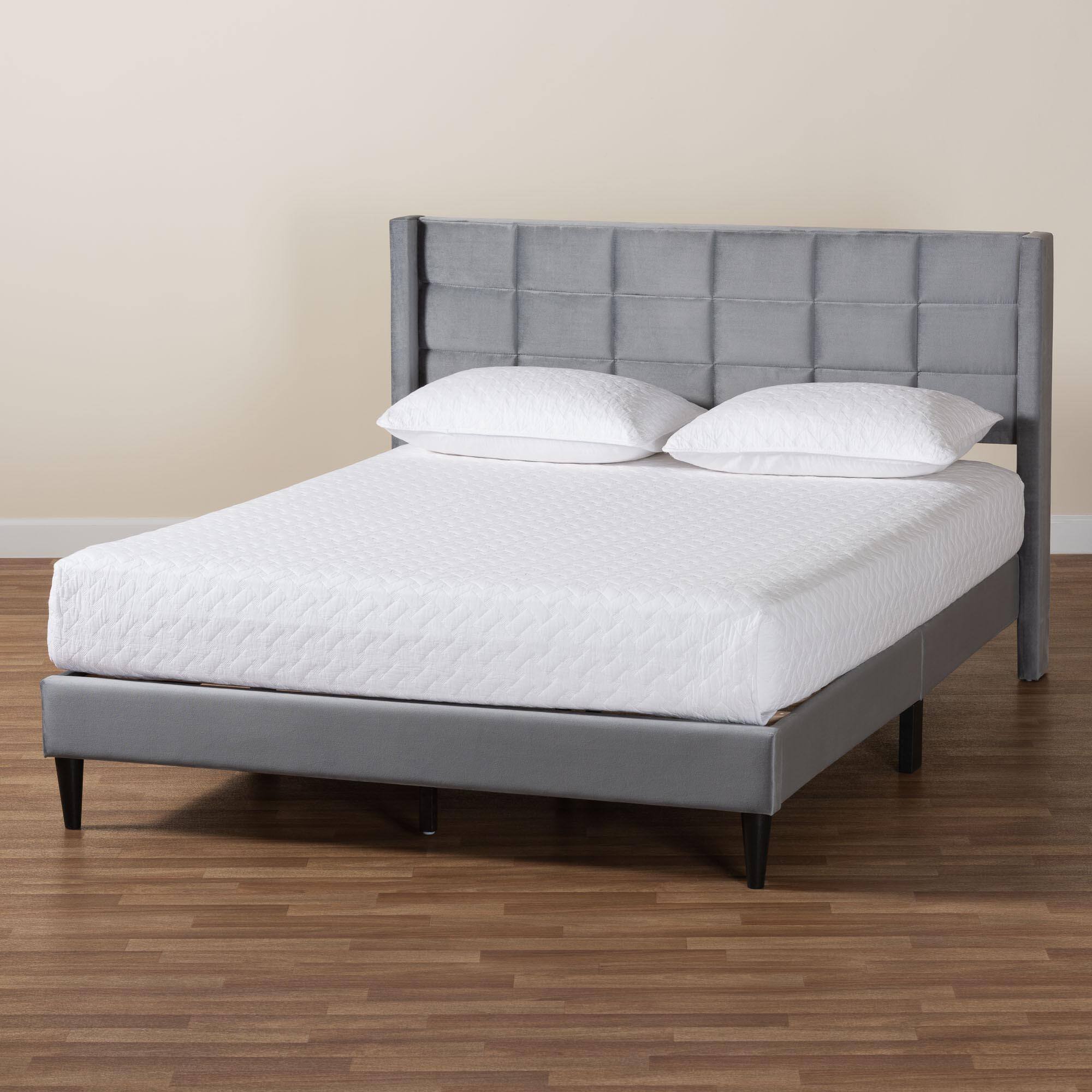 Alt View 4. Baxton Studio - Payne Modern Glam Velvet and Dark Brown Wood Queen Bed - Grey/Black.