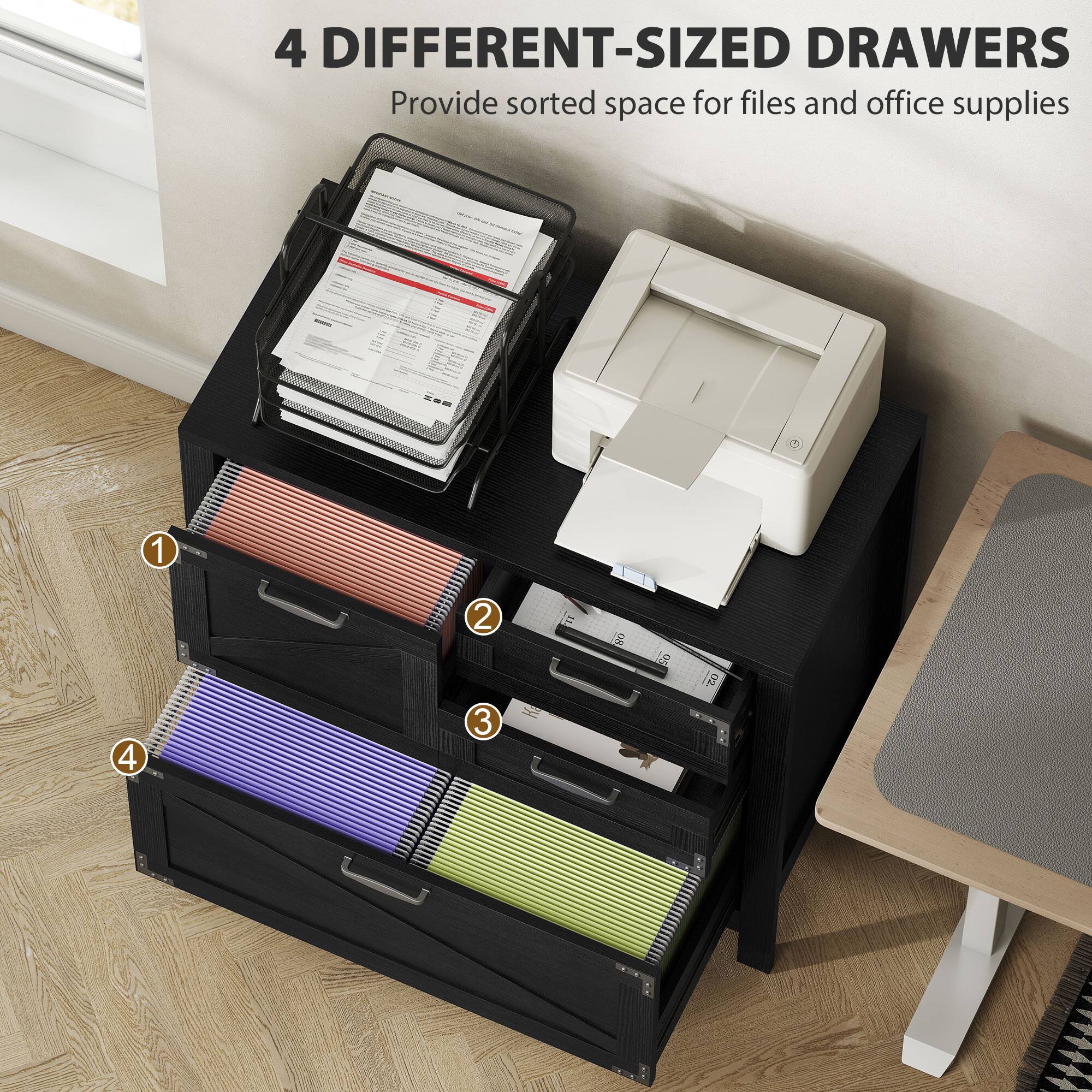 4 DIFFERENT-SIZED DRAWERS  
Provide sorted space for files and office supplies