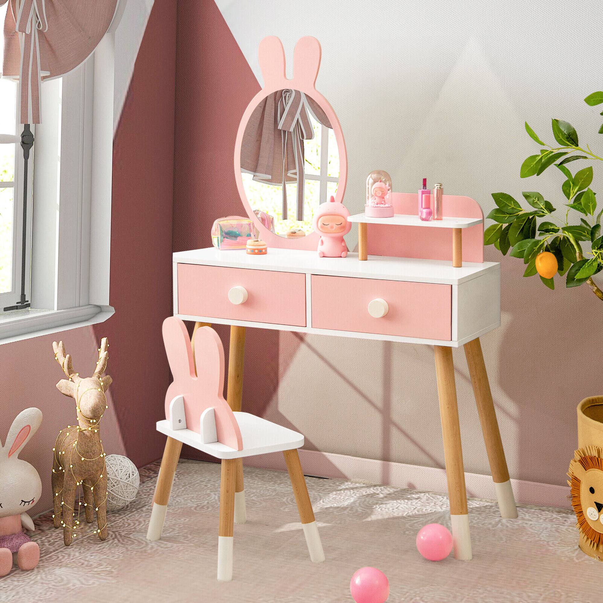 Alt View 4. Gymax - Gymax Kid Vanity Set Makeup Table Stool with Drawer Shelf Wood Leg Rabbit Mirror Pink - Pink.