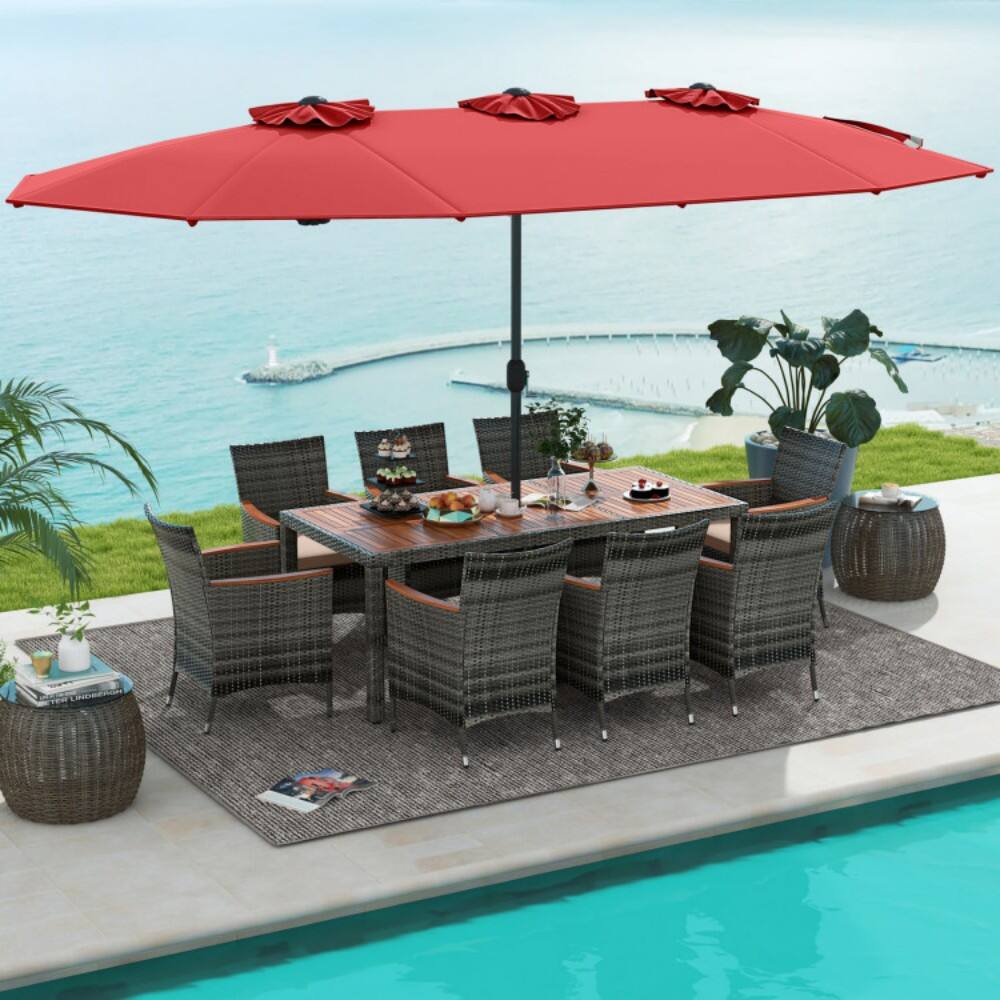 Left. Mondawe - 10 Pieces Patio Wicker Dining Set with 15 Feet Double-Sided Patio Umbrella - Red.