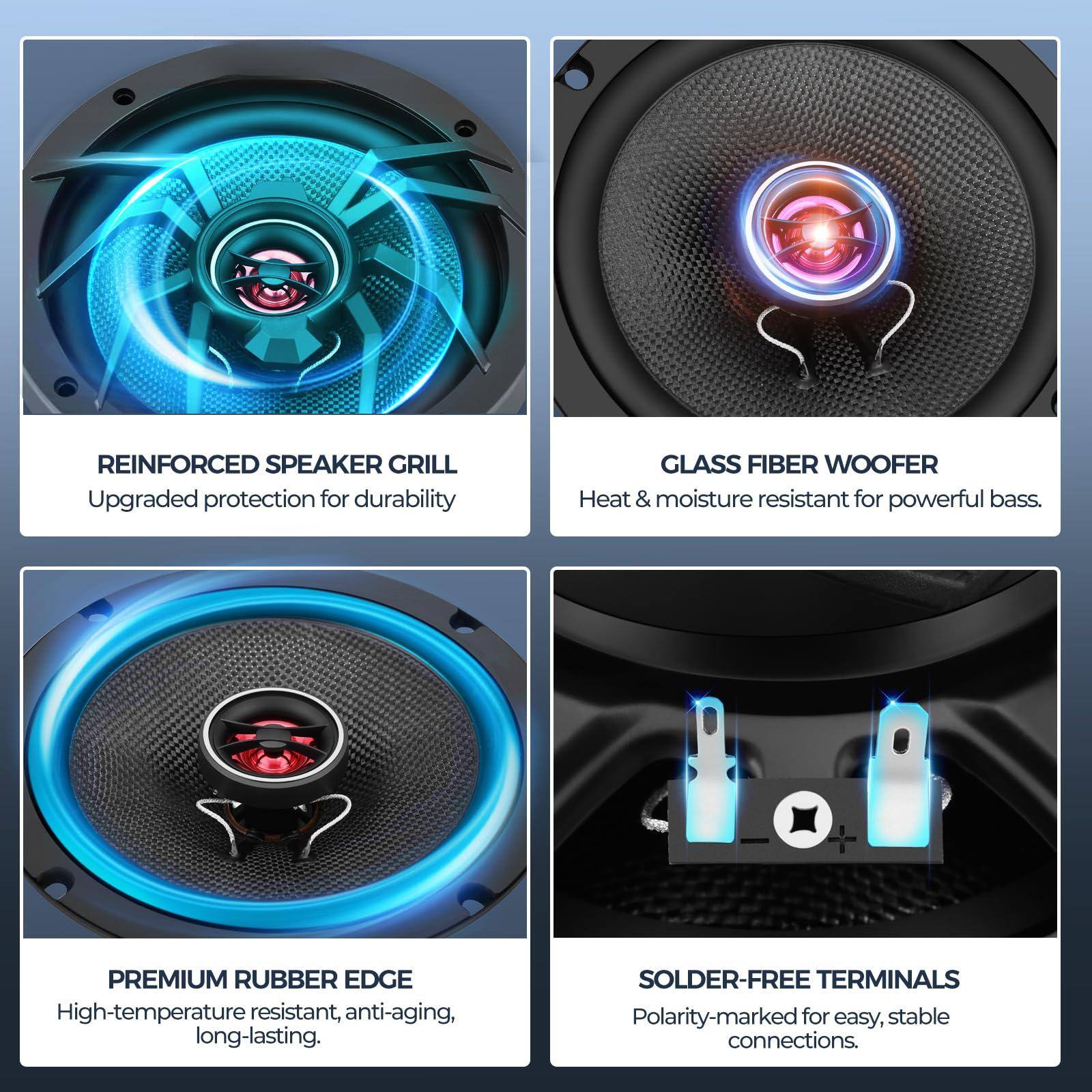 REINFORCED SPEAKER GRILL  
Upgraded protection for durability  

GLASS FIBER WOOFER  
Heat & moisture resistant for powerful bass.  

PREMIUM RUBBER EDGE  
High-temperature resistant, anti-aging, long-lasting.  

SOLDER-FREE TERMINALS  
Polarity-marked for easy, stable connections.
