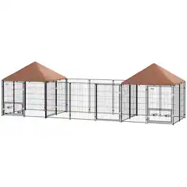 Pawhut - Outdoor Dog Kennel with 2 Rooms, Rotating & Adjustable Height Bowls - Coffee