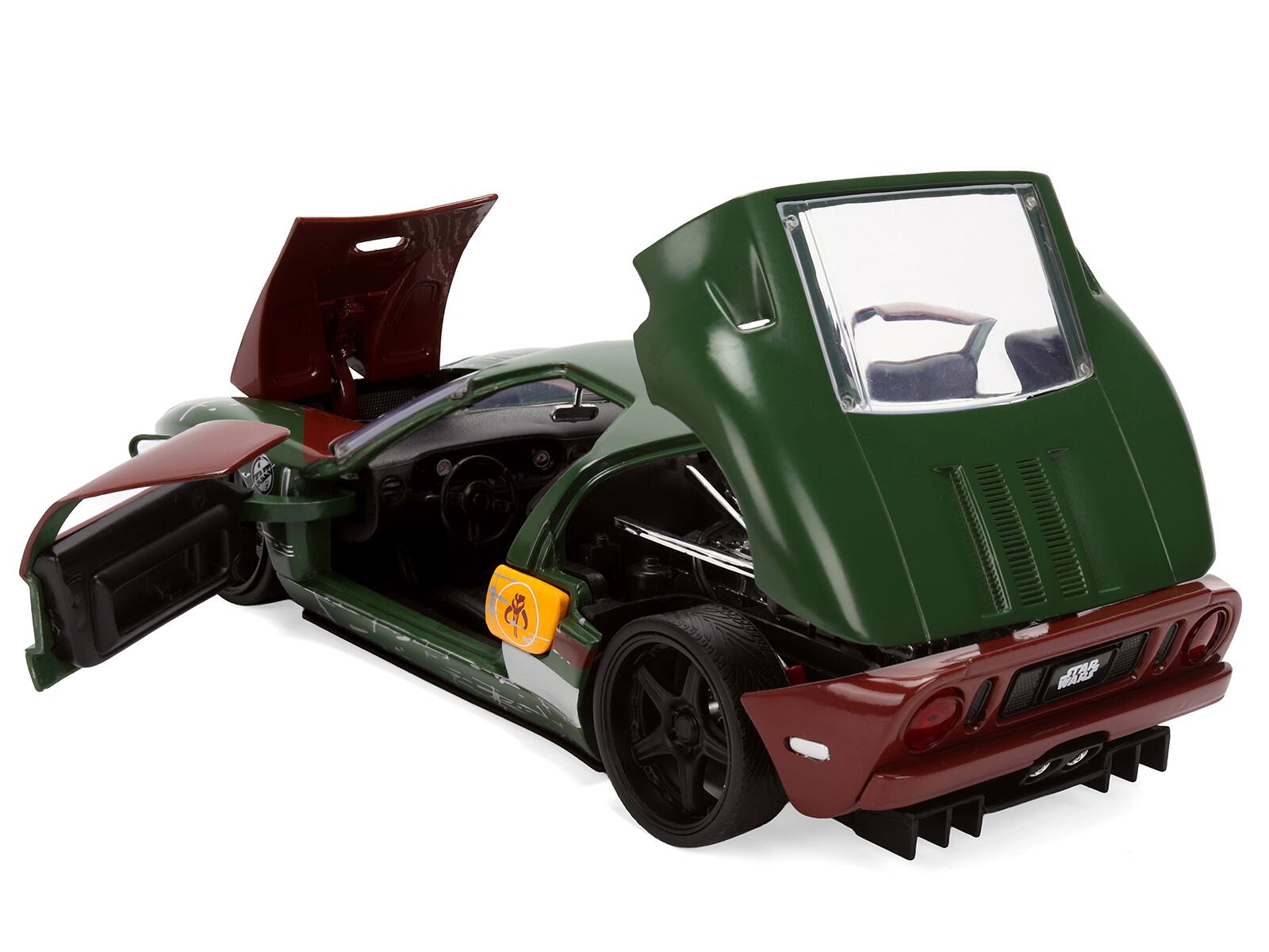 Back. Jada - 2005 Ford GT Green (Weathered) with Graphics and Boba Fett Figure "Star Wars" Franchise "Hollywood Rides" Series 1/24 - Green.