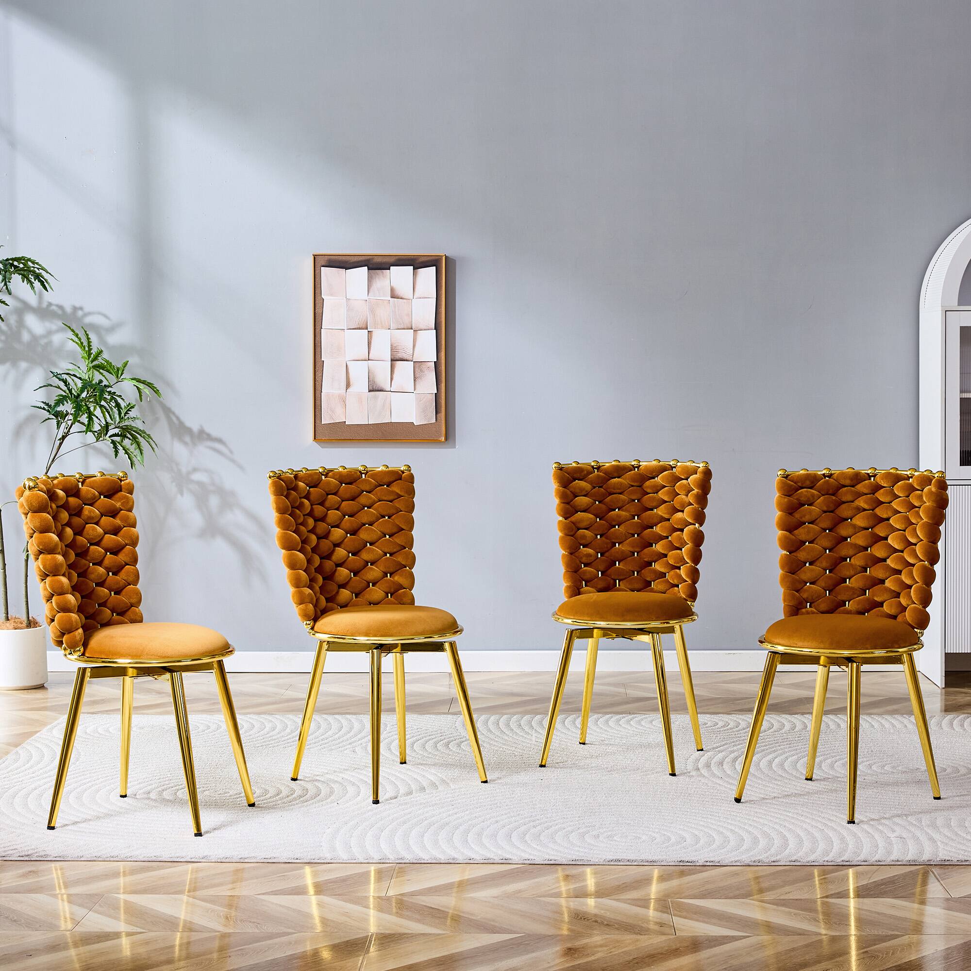 Alt View 1. Loheer - Loheer Velvet Dining Chairs Set of 2 Orange Woven Back Cushioned Accent Chairs with Gold Metal Legs 1.75 ft - Gold,Orange.