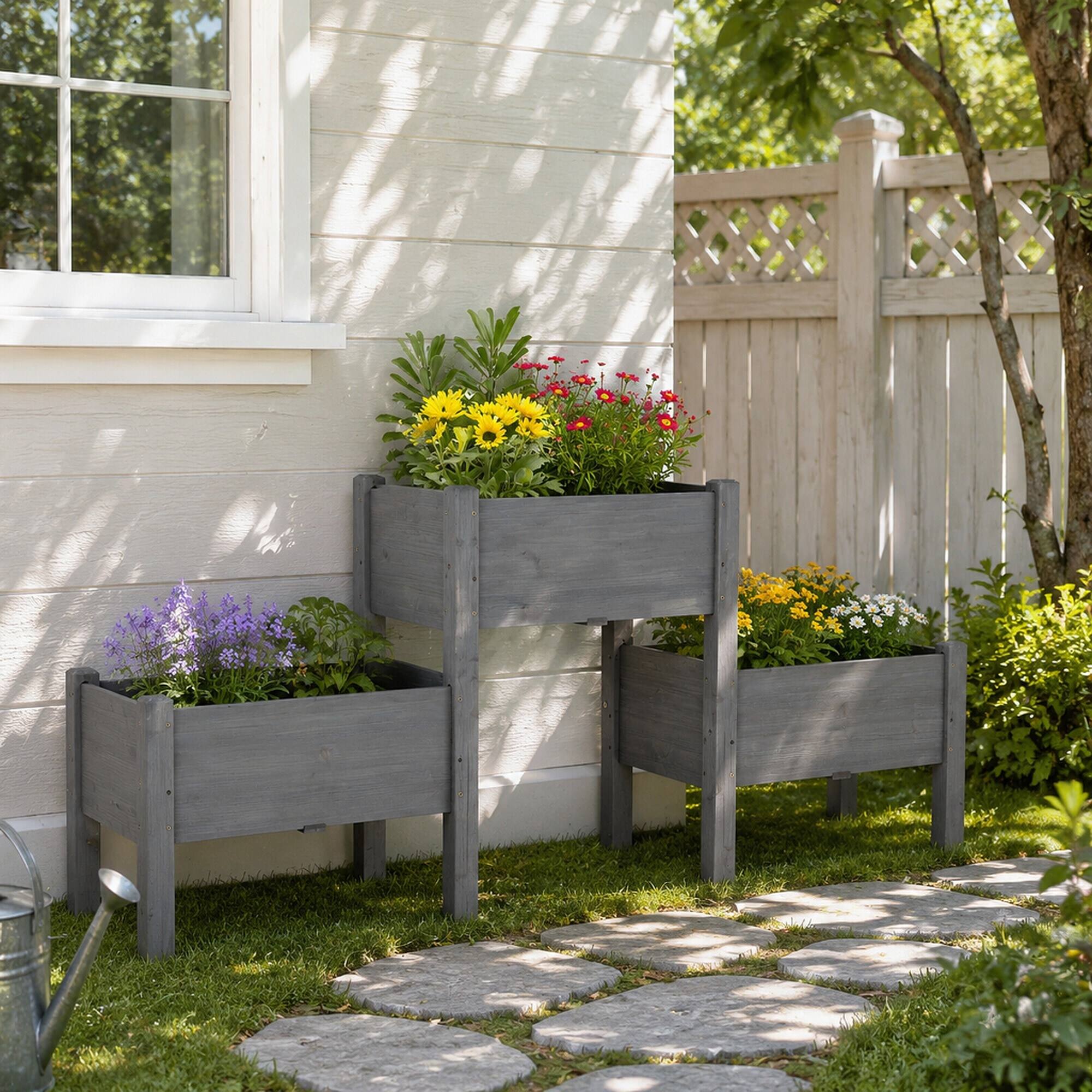 Alt View 2. RYHNUYNE - Outsunny Raised Garden Bed with 3 Planter Box, Elevated Fir Wood Plant Stand with Drainage Holes for Vegetables - Gray.