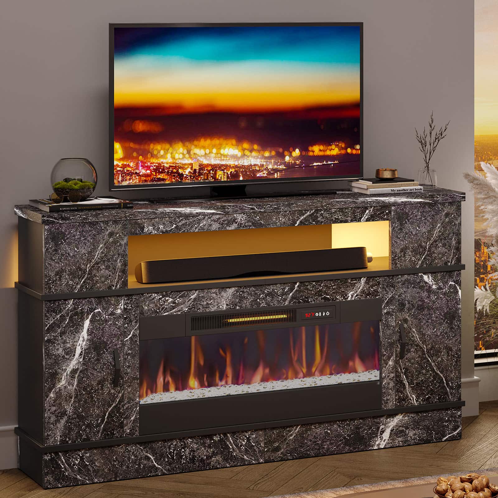 Back. Bestier - 63"W fireplace TV stand for 70" TVs, 36"W electric fireplace, storage & LED lights - Black.