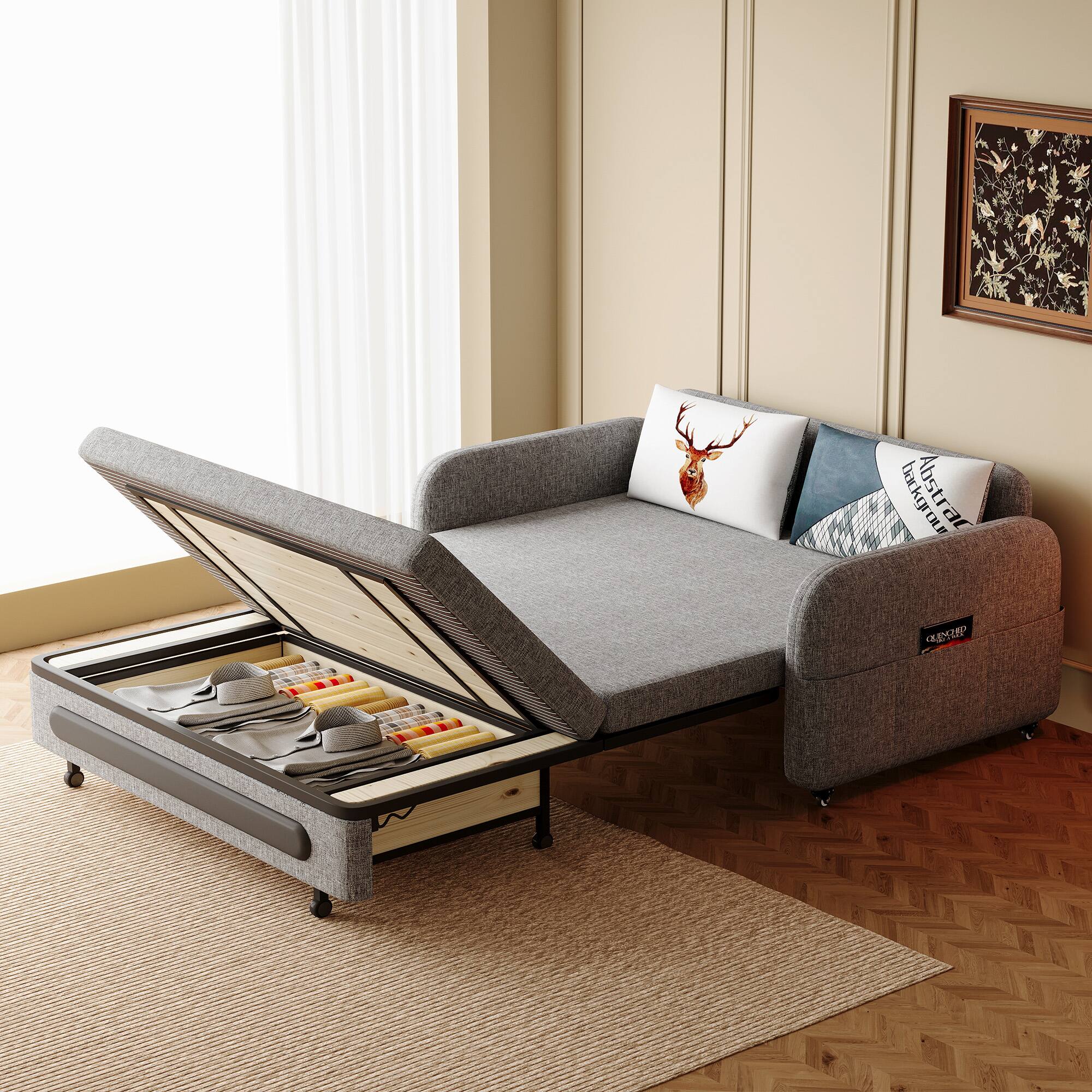 luck idea - 61.61" Sofa Bed with Storage Base & Side Pockets | Detachable Washable Seat Cushions for Small Space - Gray