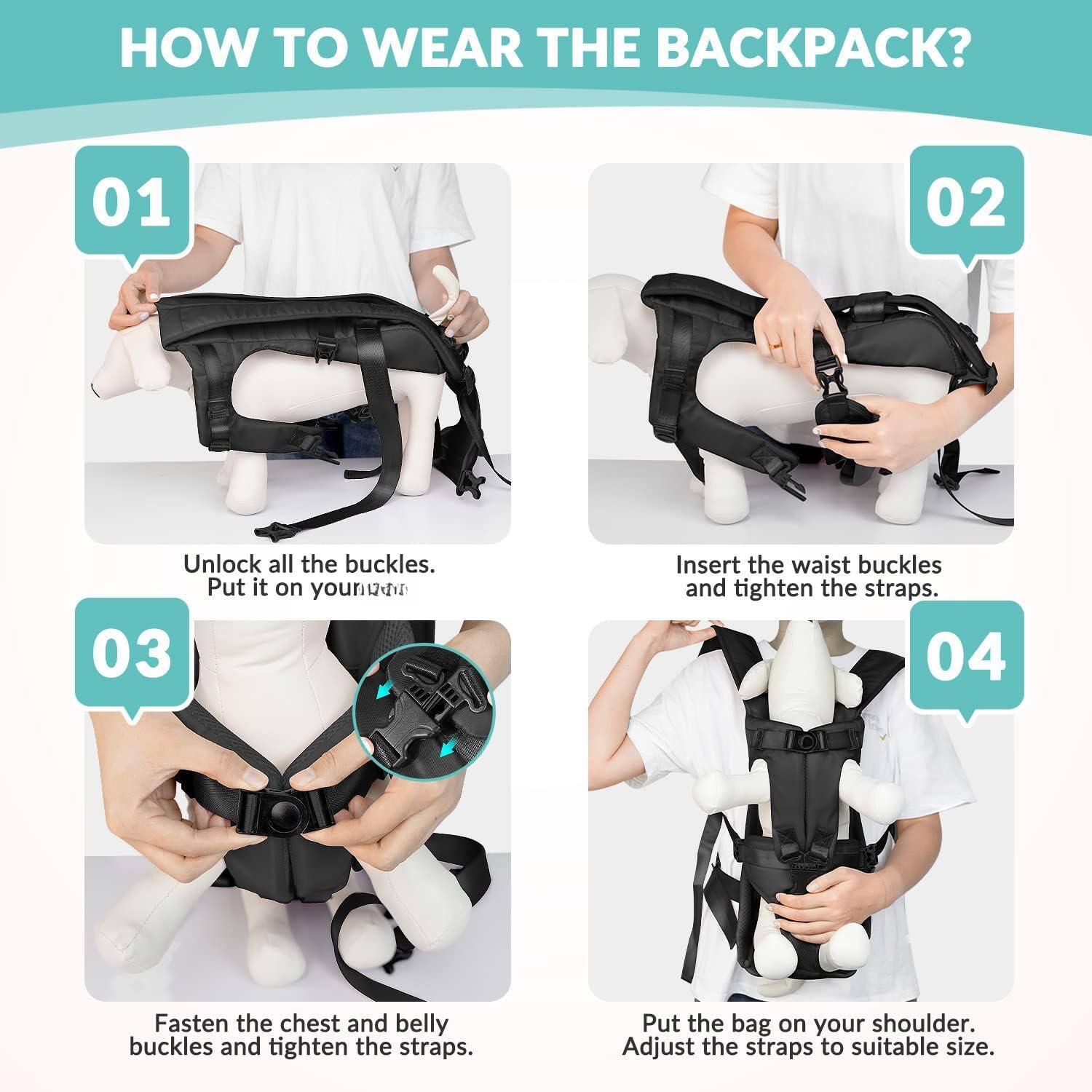 HOW TO WEAR THE BACKPACK?

01 Unlock all the buckles. Put it on your back.

02 Insert the waist buckles and tighten the straps.

03 Fasten the chest and belly buckles and tighten the straps.

04 Put the bag on your shoulder. Adjust the straps to suitable size.