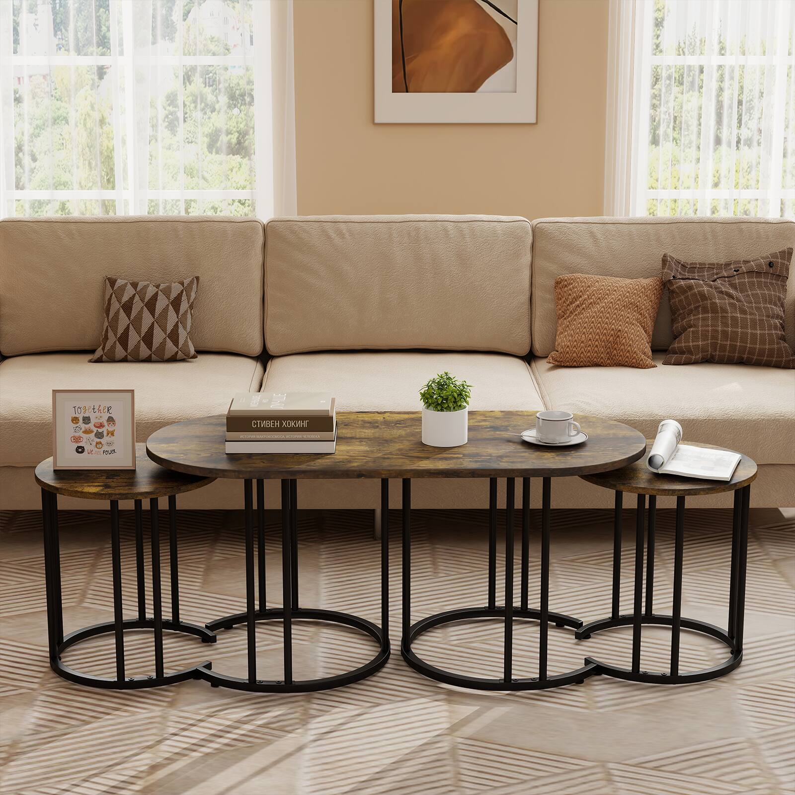 Alt View 1. Costway - Costway 3-Piece Nesting Coffee Table Set, 43" Coffee Table with 2 Side Tables for Apartment - Rustic Brown & Black.