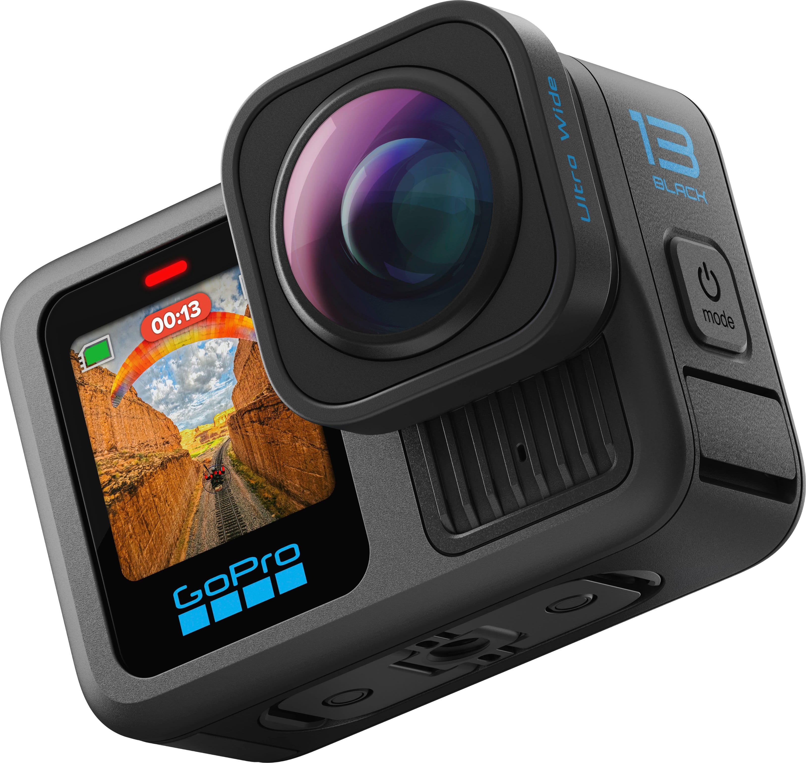 The text on the image reads "Wide B Ultra BLACK 00:13 mode GoPro." This text is grouped and corrected as follows:
"Wide B Ultra BLACK 00:13 mode GoPro."