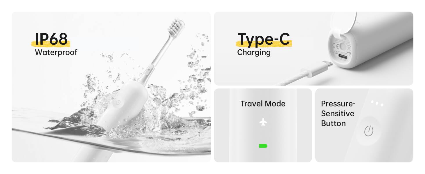IP68 Waterproof  
Type-C Charging  
Travel Mode  
Pressure-Sensitive Button