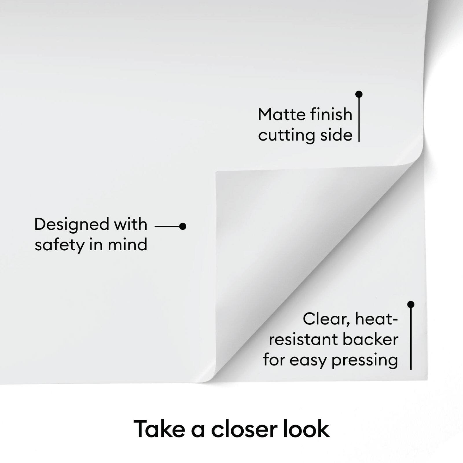 Matte finish cutting side  
Designed with safety in mind  
Clear, heat-resistant backer for easy pressing  
Take a closer look