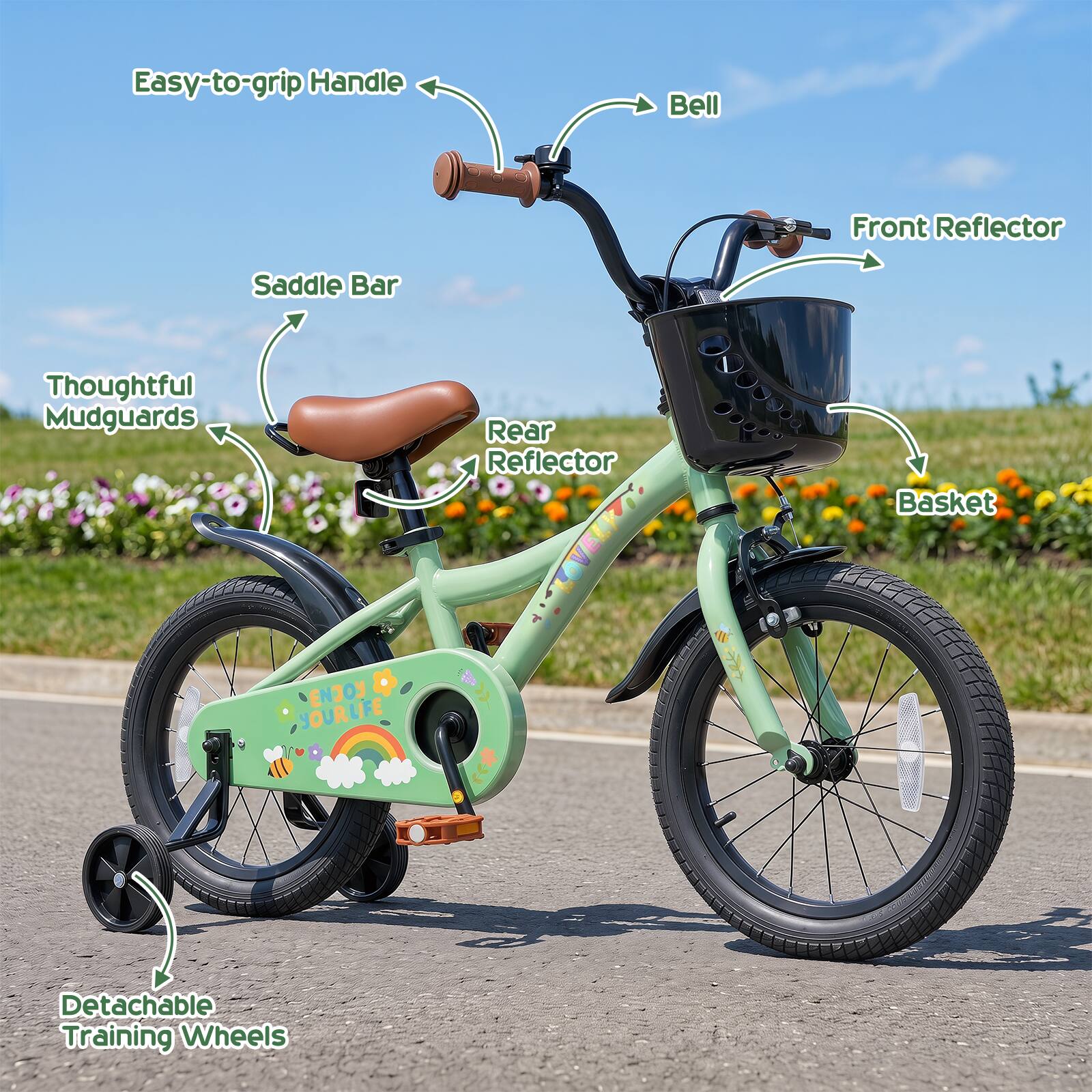 Easy-to-grip Handle  
Bell  
Front Reflector  
Saddle Bar  
Thoughtful Mudguards  
Rear Reflector  
Basket  
EJY SOURUFE  
$  
Detachable Training Wheels