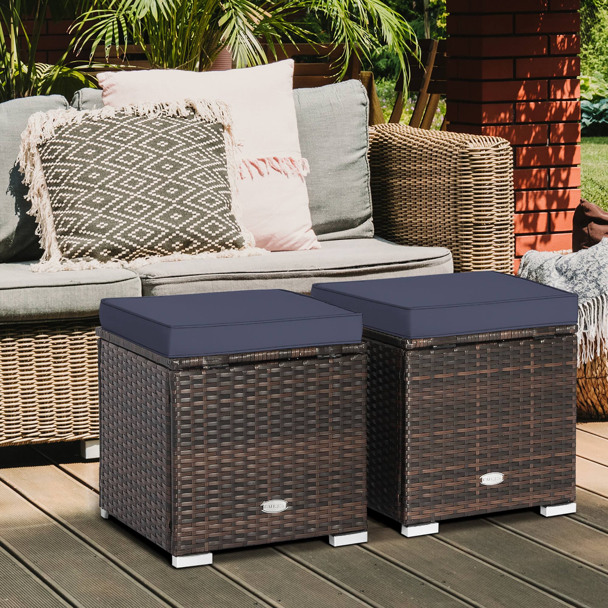 Alt View 2. Gymax - Gymax 2PCS Outdoor Patio Ottomans Hand-Woven PE Wicker Footstools w/ Removable Cushions Navy - Navy.
