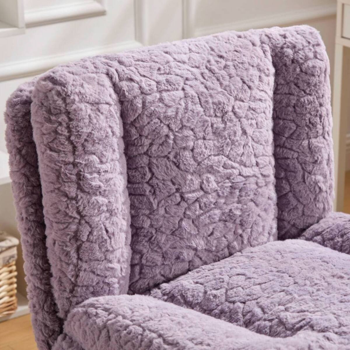 Back. HTUTWOO - 26.4 Office Chair with Back & Wheels - Plush Faux Fur,Adjustable Height & Swivel, 300LB Capacity - Makeup Chair for Home - Purple.
