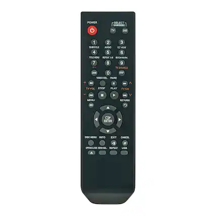 POWER SELECT SAMSUNG TV DVD 1 2 3 SUBTITLE AUDIO EZVIEW 4 5 6 TITLE MENU REPEAT A-B BOOKMARK 7 8 9 TV SOURCE STEP 0 ZOOM VIDEO SEL PAUSE + 44 I > TV VOL STOP PLAY TV CH H MENU RETURN ENTER DISC MENU INFO EXIT CANCEL -1 OPEN/CLOSE HDMI SEL REPEAT D USB