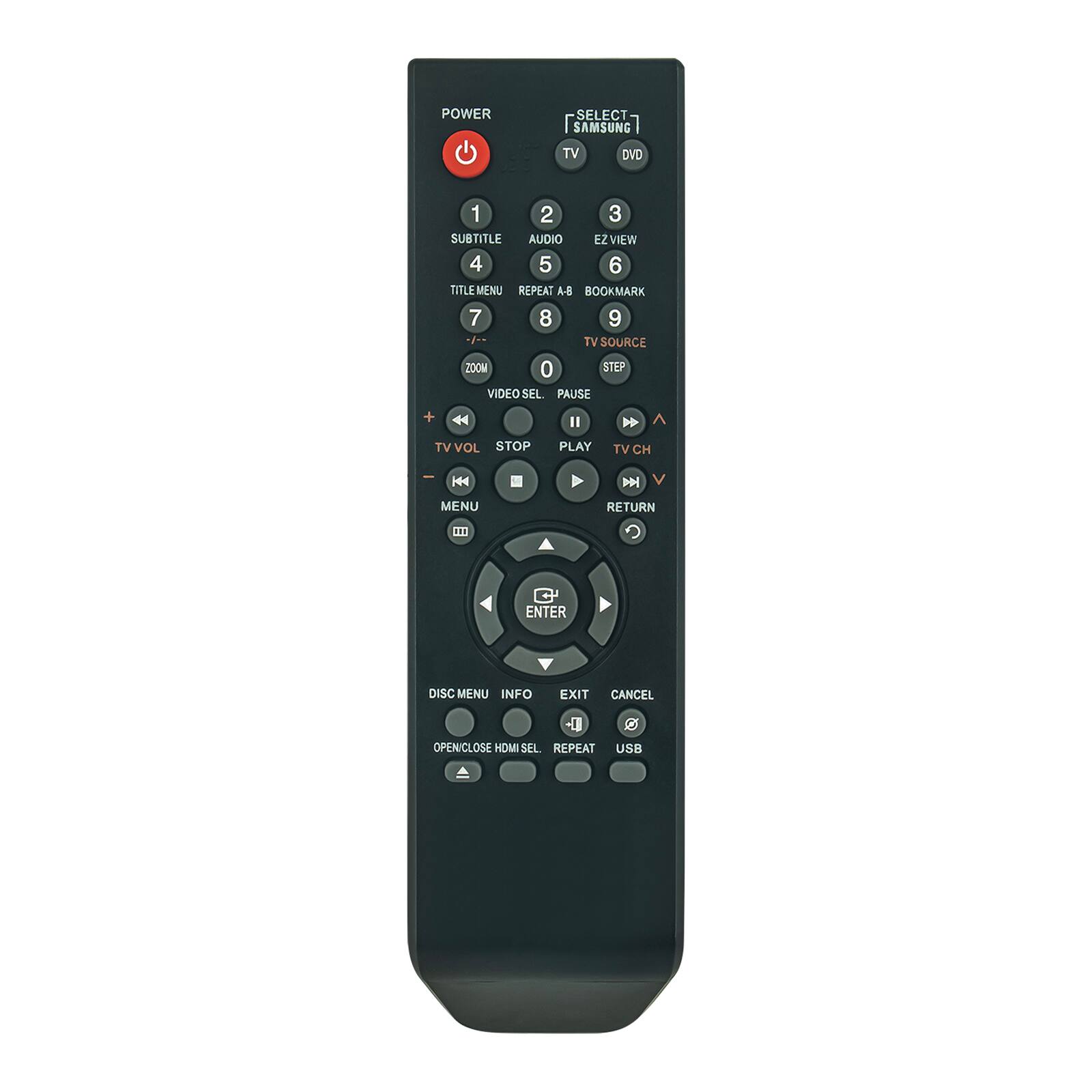 POWER SELECT SAMSUNG TV DVD 1 2 3 SUBTITLE AUDIO EZVIEW 4 5 6 TITLE MENU REPEAT A-B BOOKMARK 7 8 9 TV SOURCE STEP 0 ZOOM VIDEO SEL PAUSE + 44 I > TV VOL STOP PLAY TV CH H MENU RETURN ENTER DISC MENU INFO EXIT CANCEL -1 OPEN/CLOSE HDMI SEL REPEAT D USB