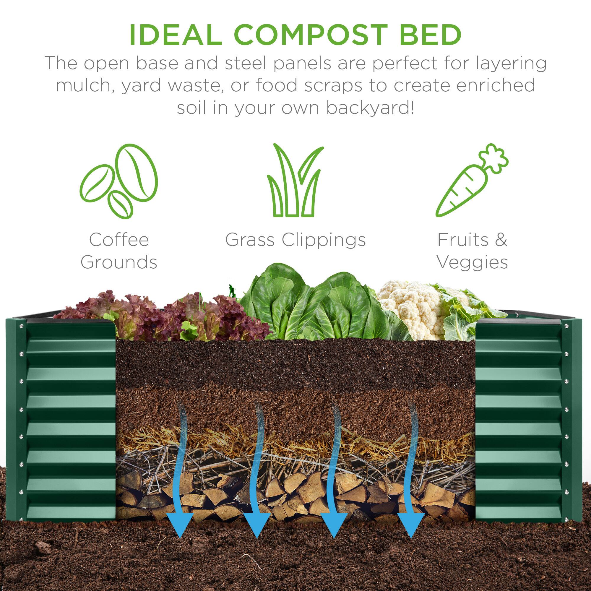 IDEAL COMPOST BED

The open base and steel panels are perfect for layering mulch, yard waste, or food scraps to create enriched soil in your own backyard!

- Coffee Grounds
- Grass Clippings
- Fruits & Veggies