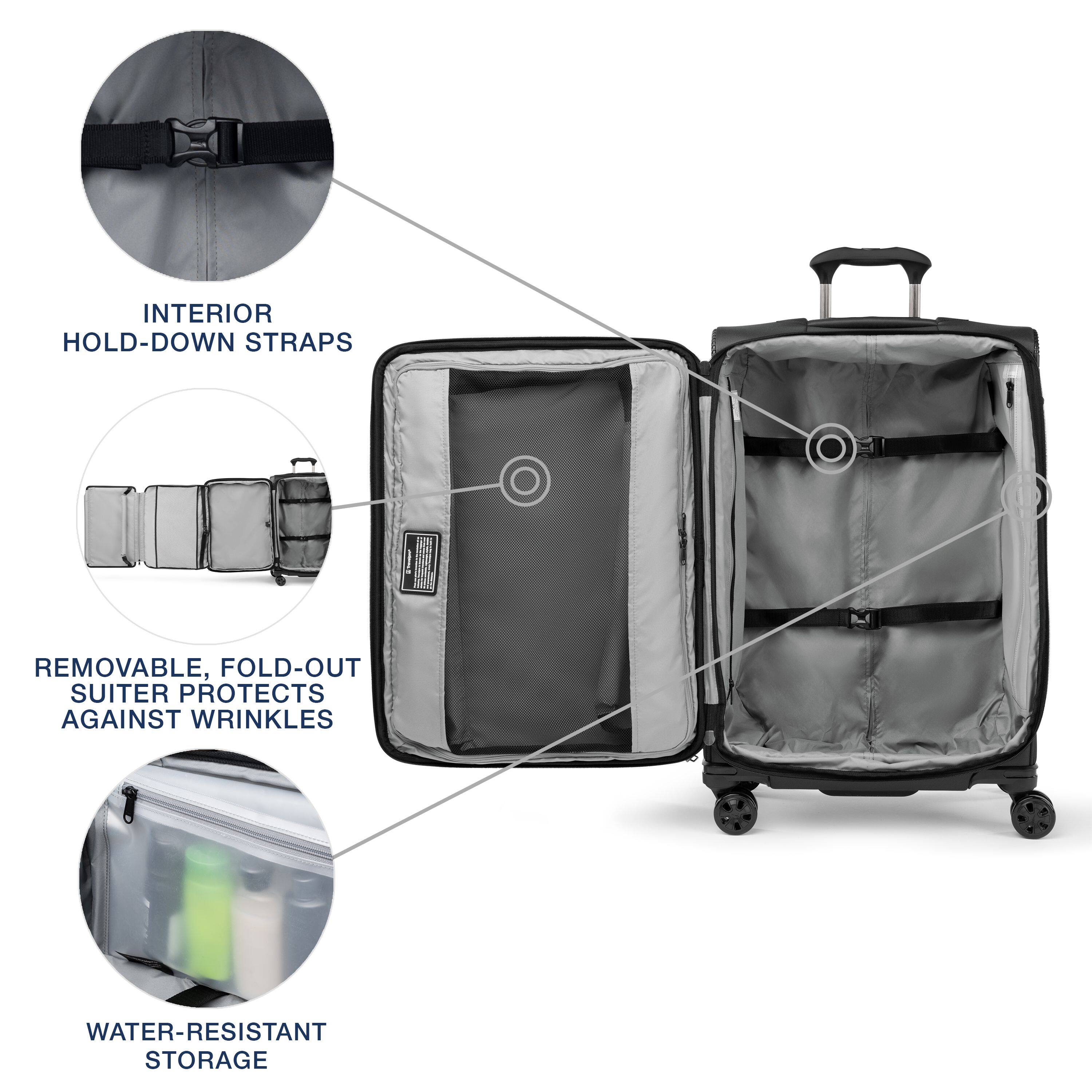 INTERIOR HOLD-DOWN STRAPS  
REMOVABLE, FOLD-OUT SUITER PROTECTS AGAINST WRINKLES  
WATER-RESISTANT STORAGE